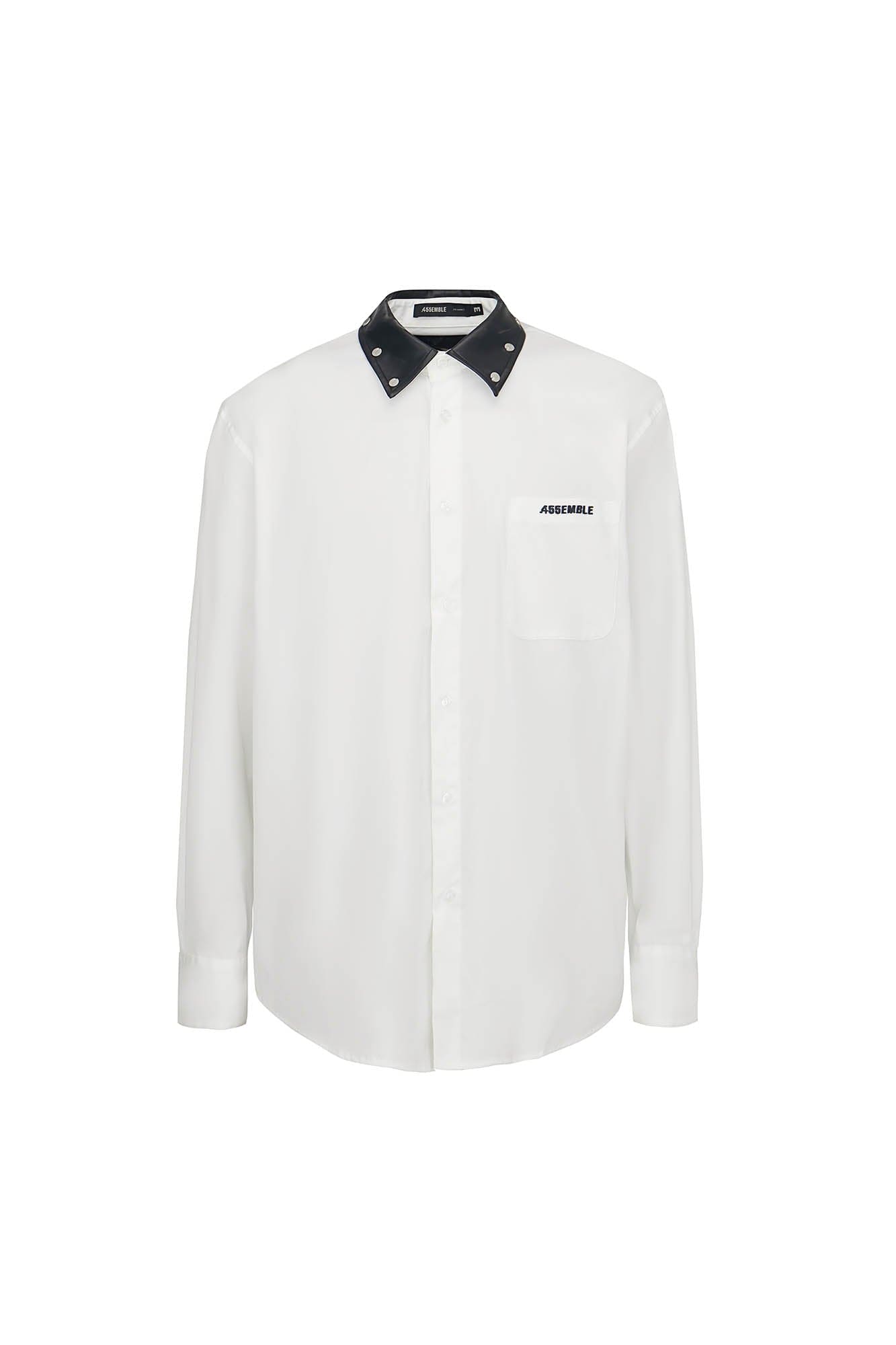 455EMBLE Faux Leather Collar Snap-Fastener Shirt, premium urban and streetwear designers apparel on PROJECTISR.com, 455EMBLE