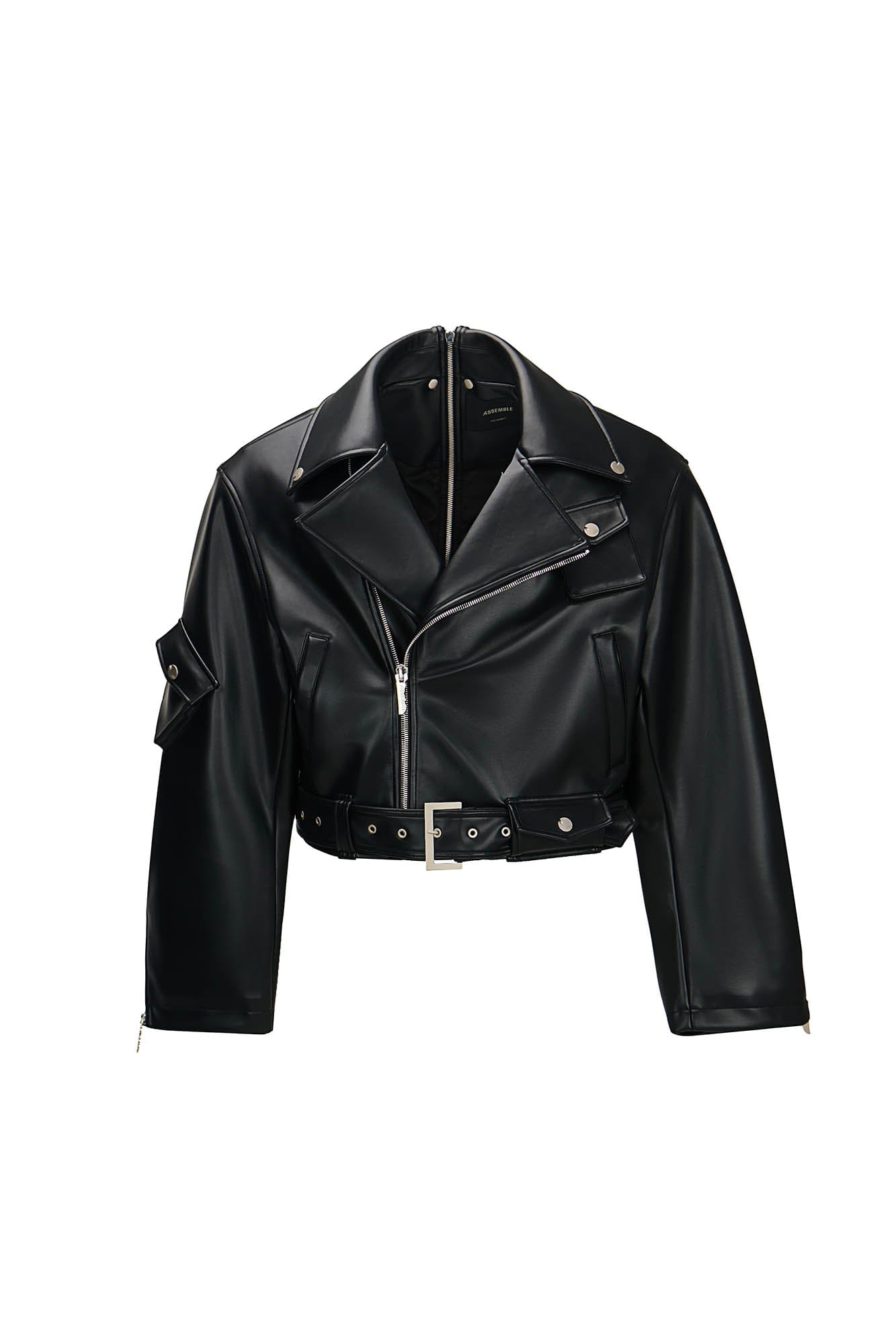 455EMBLE Asymmetrical Back-Zip Cropped PU Biker Jacket, premium urban and streetwear designers apparel on PROJECTISR.com, 455EMBLE