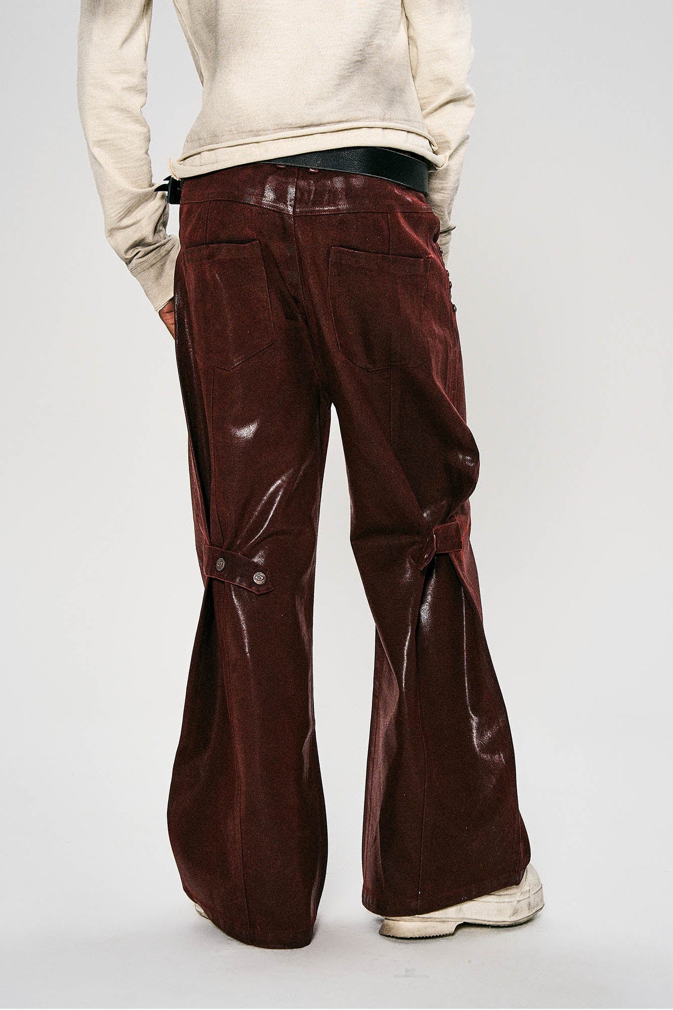 FLYERRER Waxed Spliced Studded Flared Pants, premium urban and streetwear designers apparel on PROJECTISR.com, FLYERRER