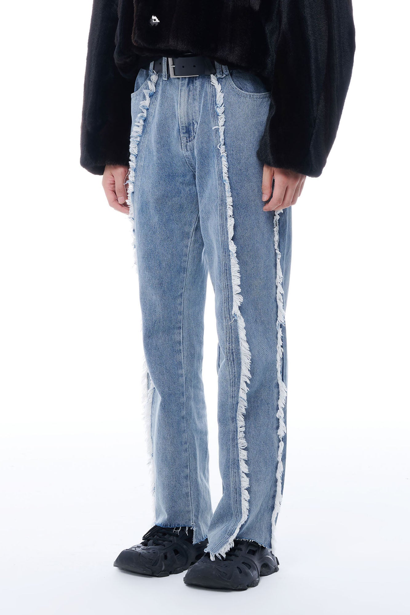 TUIMU Fringe-Trim Straight-Leg Washed Jeans, premium urban and streetwear designers apparel on PROJECTISR.com, TUIMU