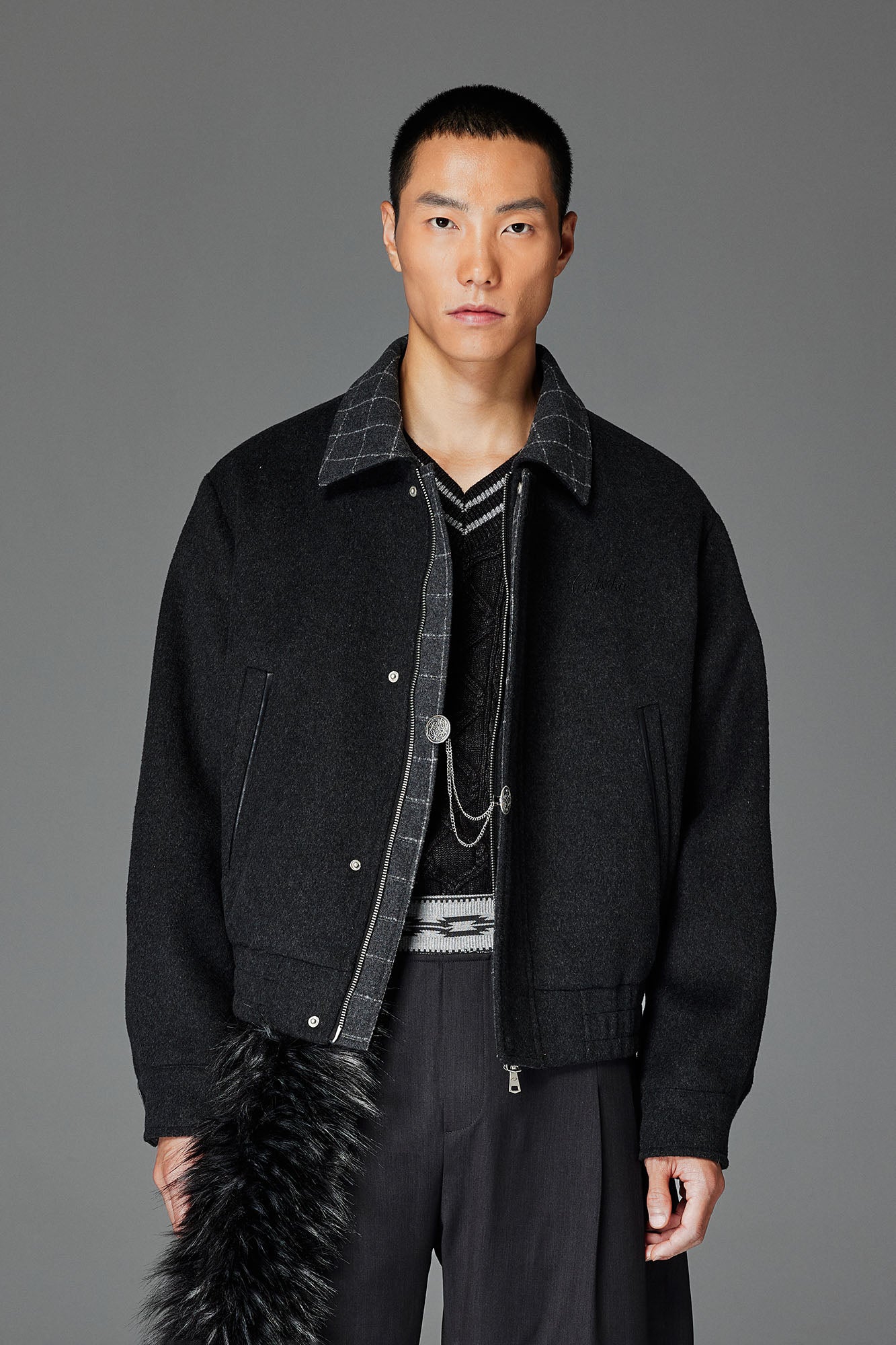 CATSSTAC Wool-Blend Plaid-Collar Bomber Jacket