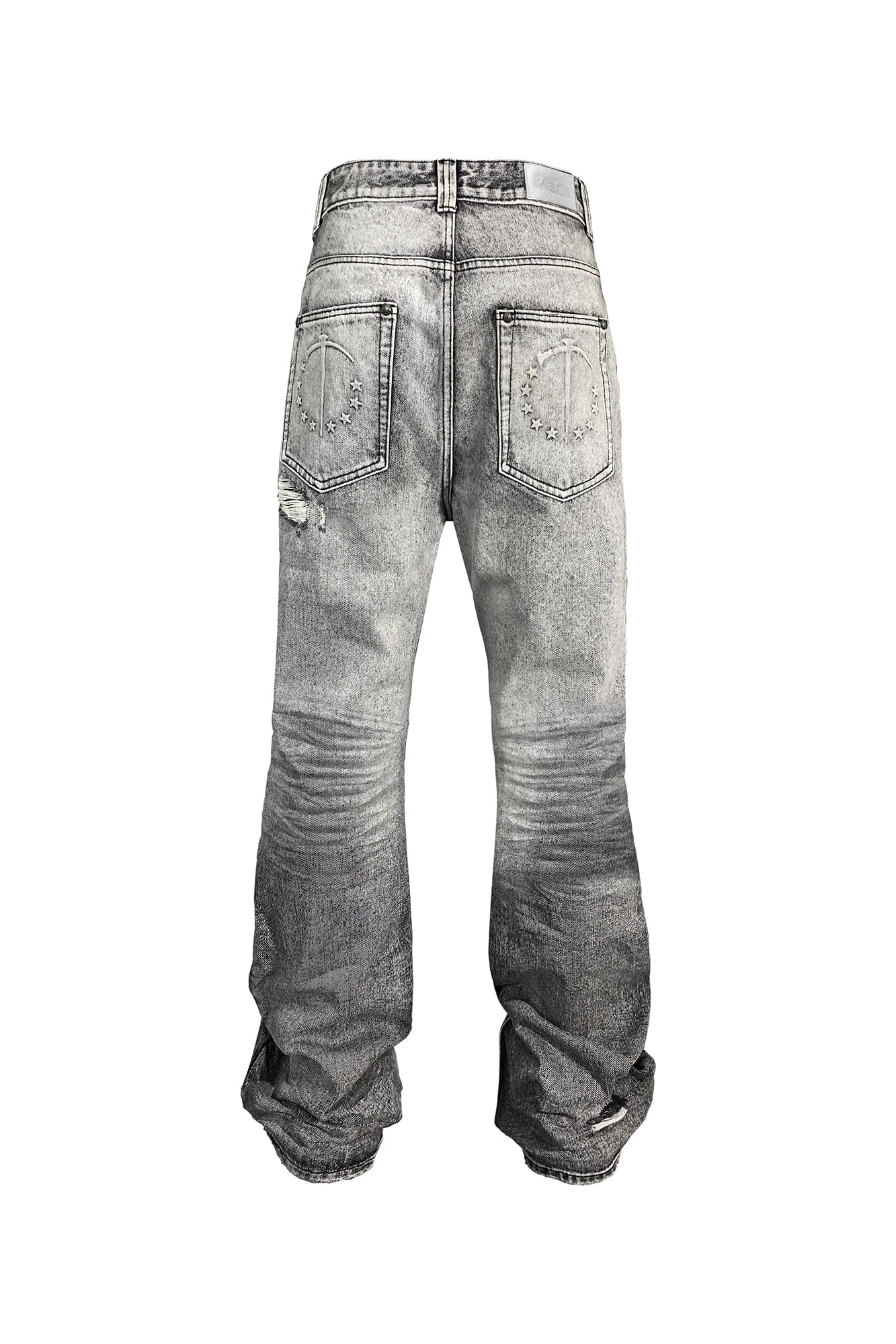 TECNINEGROUP Distressed Ash-Washed Flared Jeans, premium urban and streetwear designers apparel on PROJECTISR.com, TECNINEGROUP