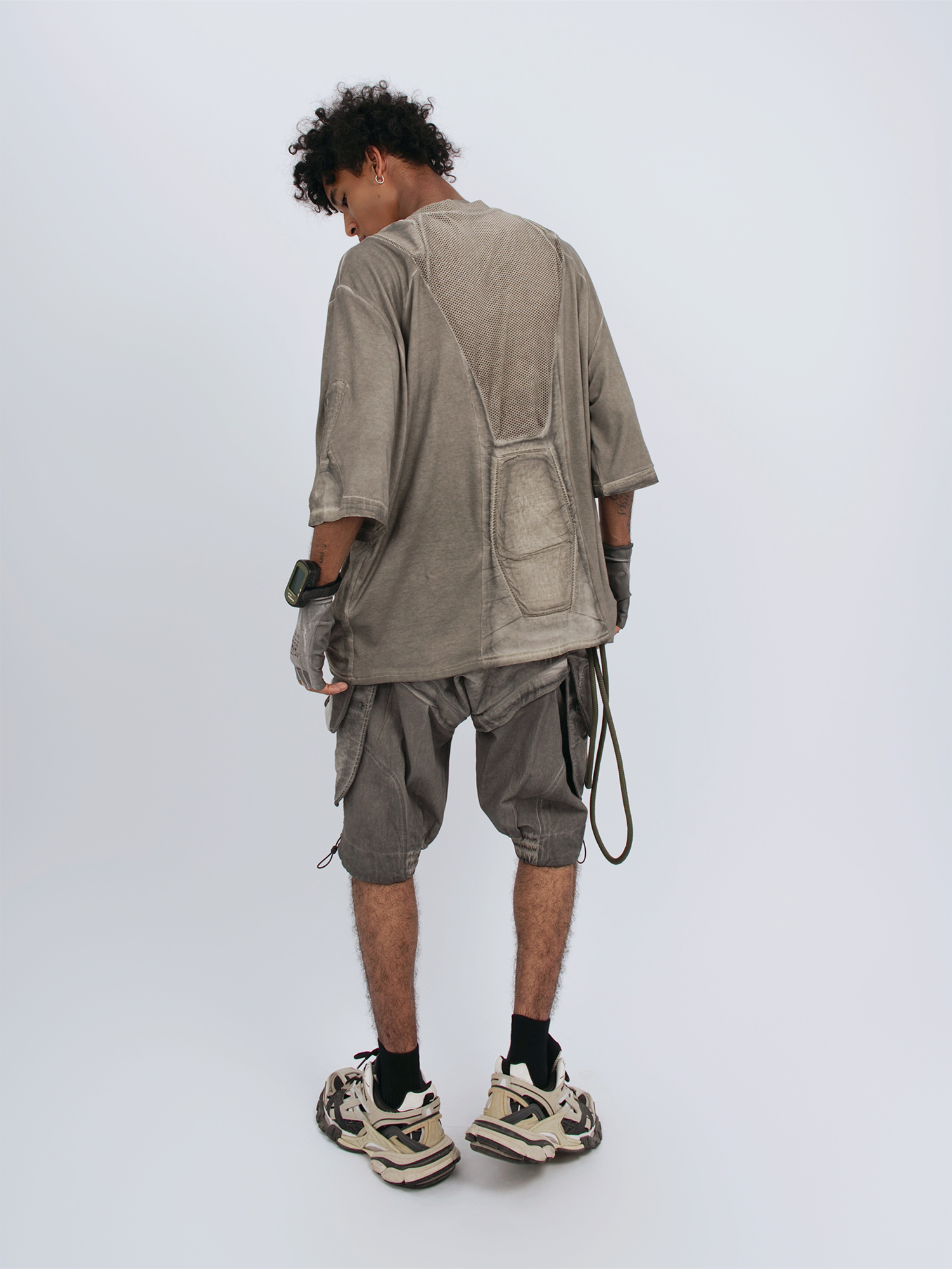 STEAM Distressed Mesh-Spliced Oversized Tactical T-Shirt