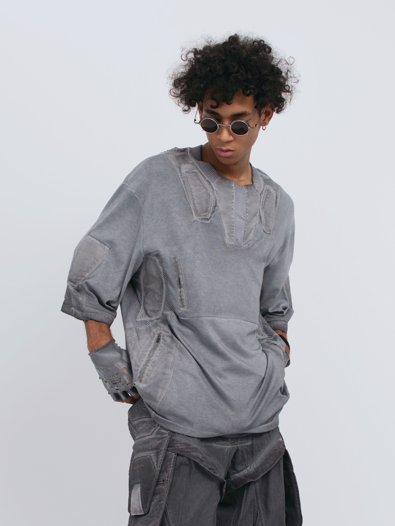 STEAM Distressed Mesh-Spliced Oversized Tactical T-Shirt