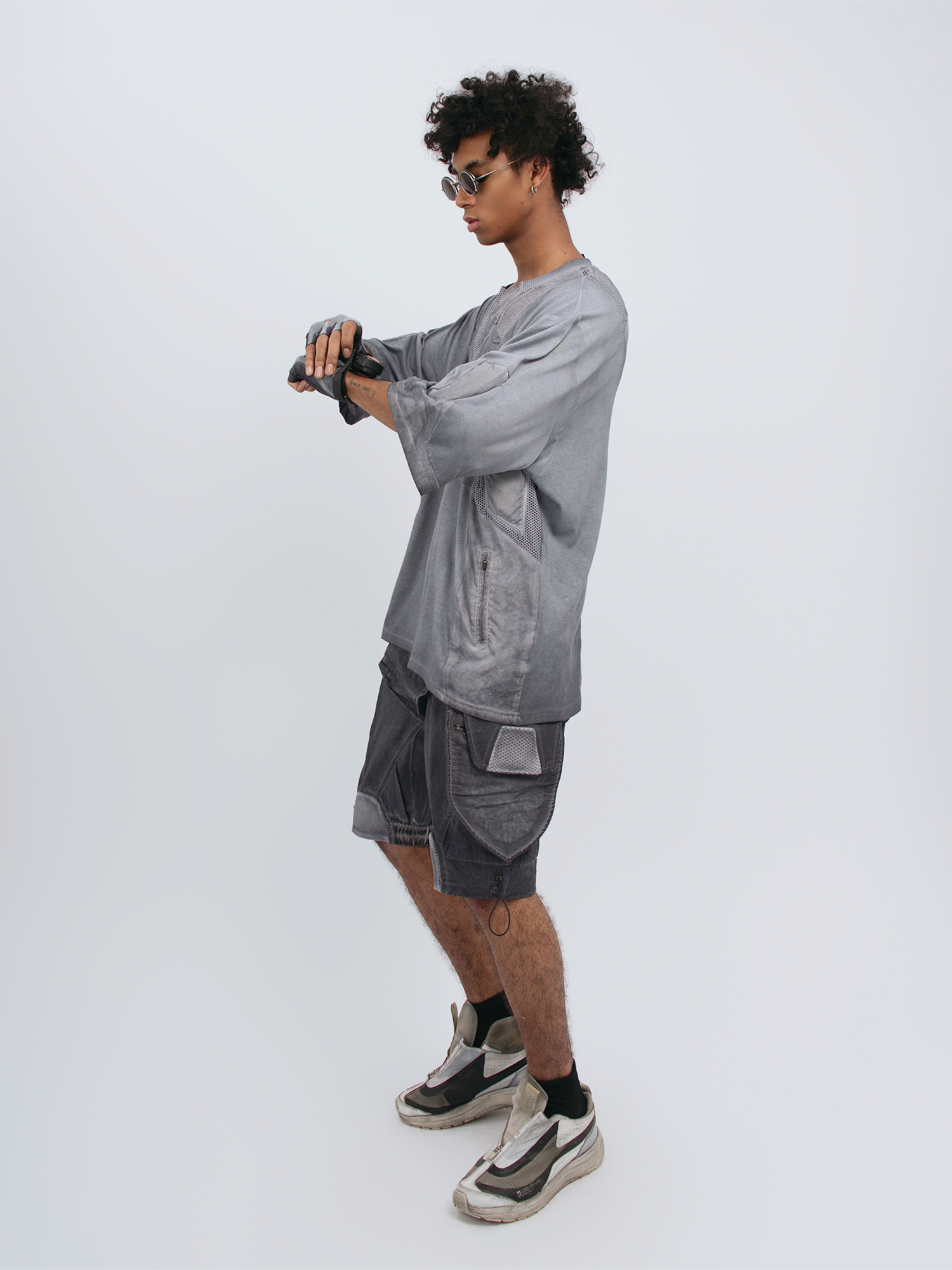 STEAM Distressed Mesh-Spliced Oversized Tactical T-Shirt