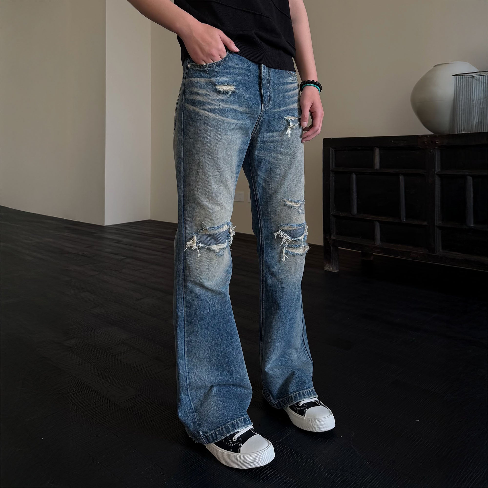 KREATE Double-Layer Distressed Straight-Leg Jeans, premium urban and streetwear designers apparel on PROJECTISR.com, KREATE