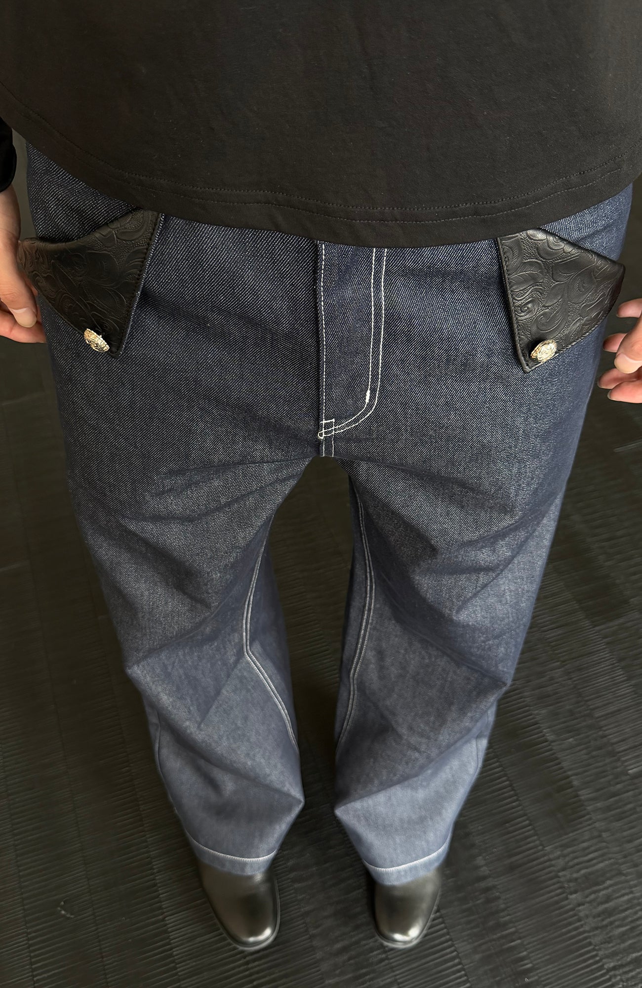KREATE Raw PU-Paneled Flare Denim, premium urban and streetwear designers apparel on PROJECTISR.com, KREATE