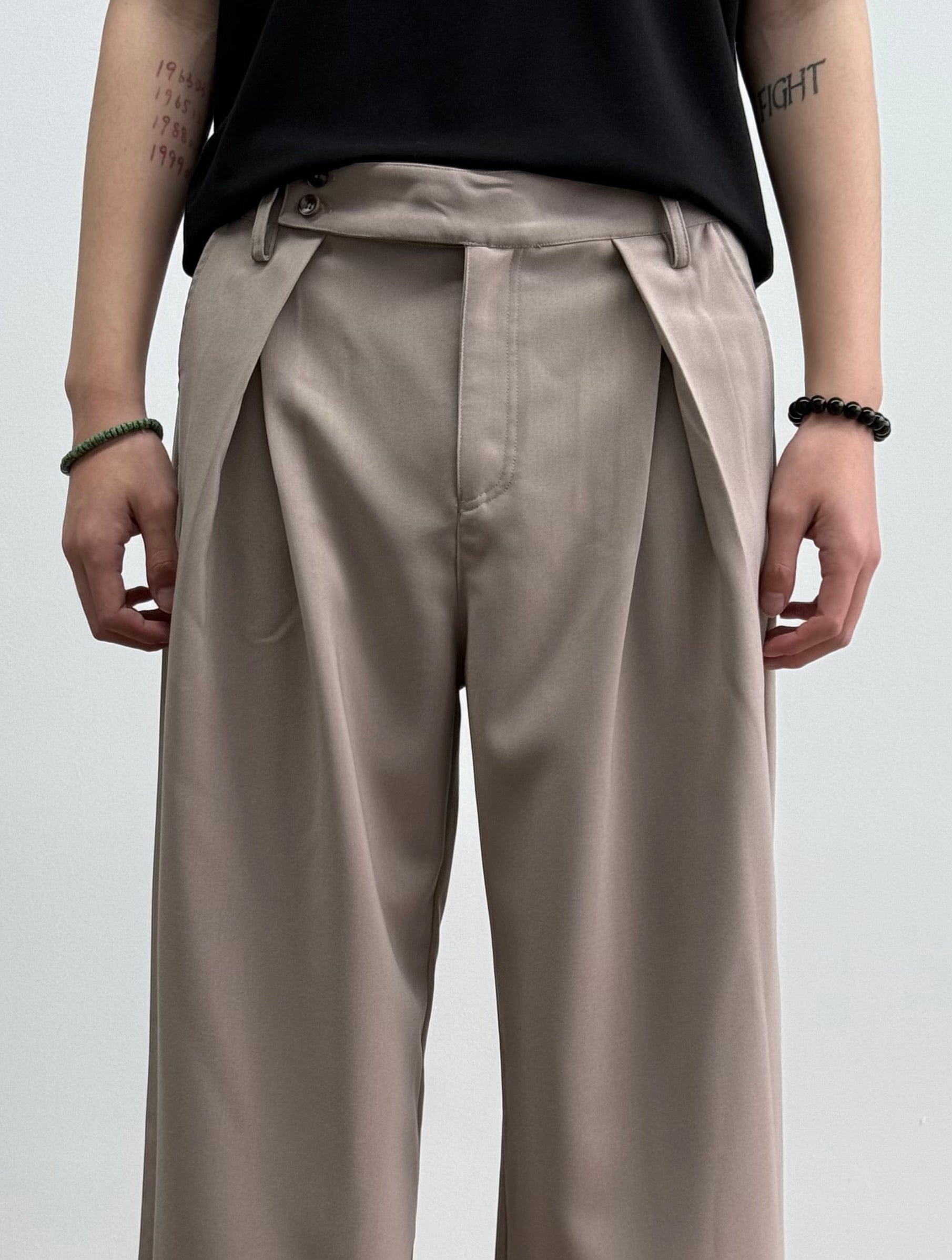 KREATE Inverted Pleats Asymmetric Waist Wide-Leg Trousers, premium urban and streetwear designers apparel on PROJECTISR.com, KREATE
