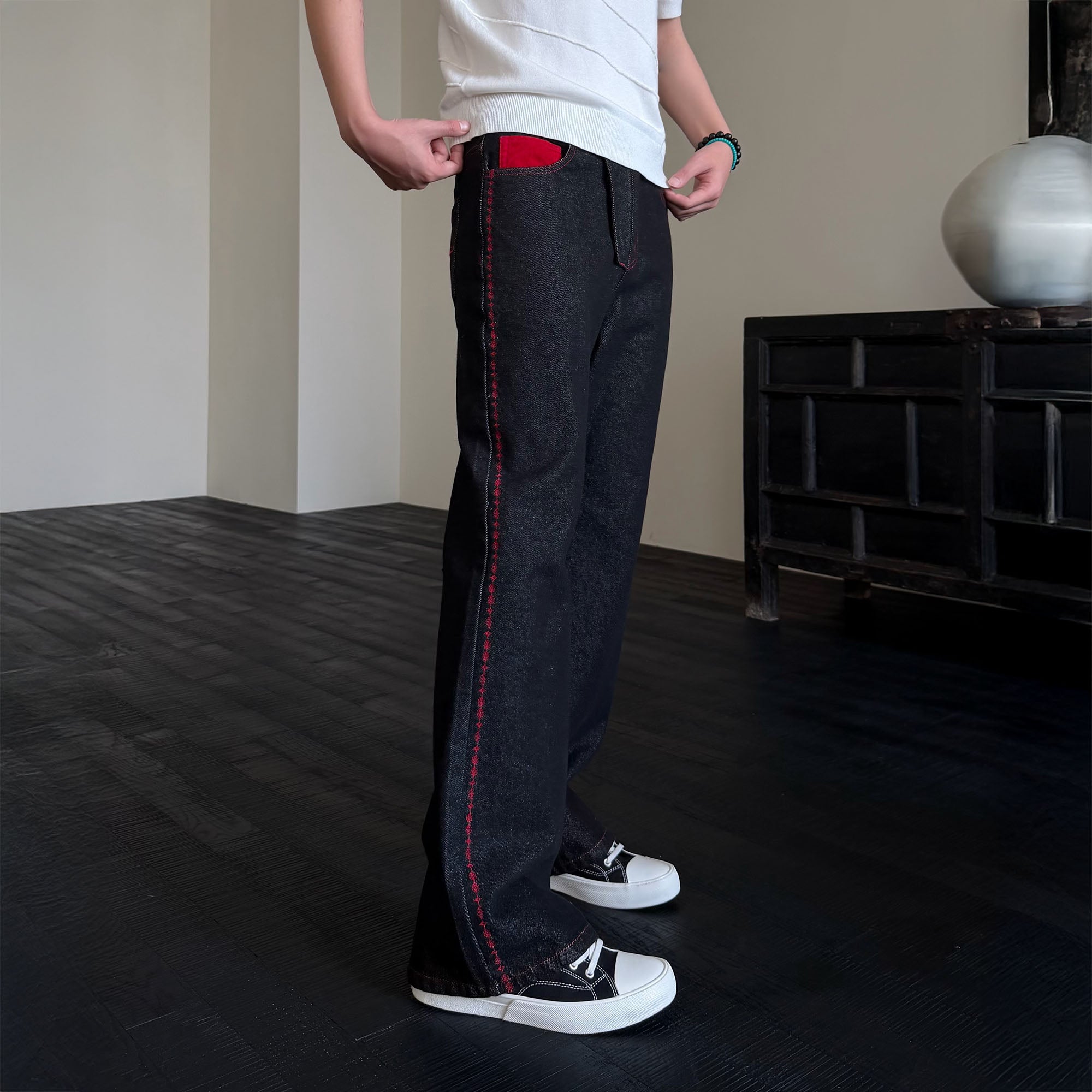 KREATE Contrast Stitched Flared Raw Denim Pants, premium urban and streetwear designers apparel on PROJECTISR.com, KREATE