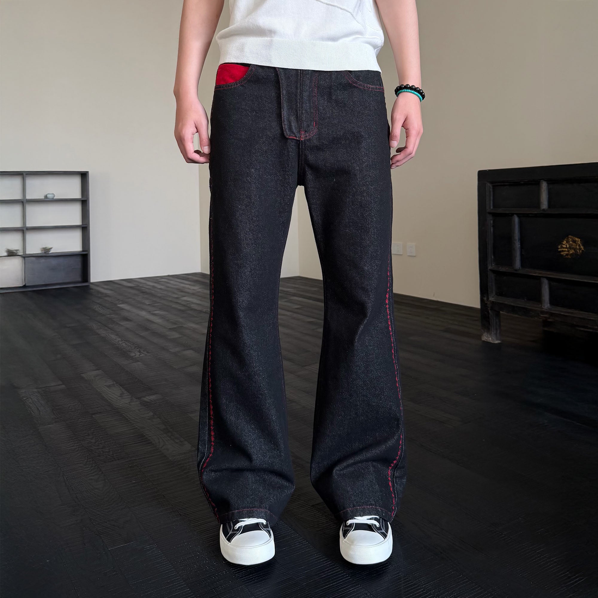 KREATE Contrast Stitched Flared Raw Denim Pants, premium urban and streetwear designers apparel on PROJECTISR.com, KREATE