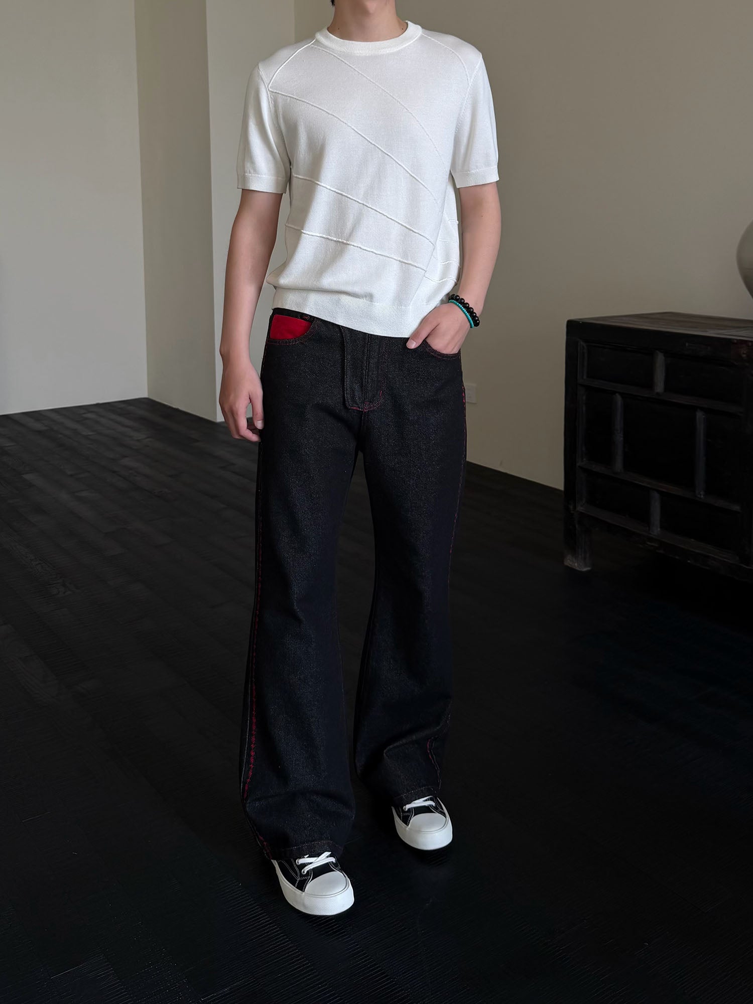 KREATE Contrast Stitched Flared Raw Denim Pants, premium urban and streetwear designers apparel on PROJECTISR.com, KREATE