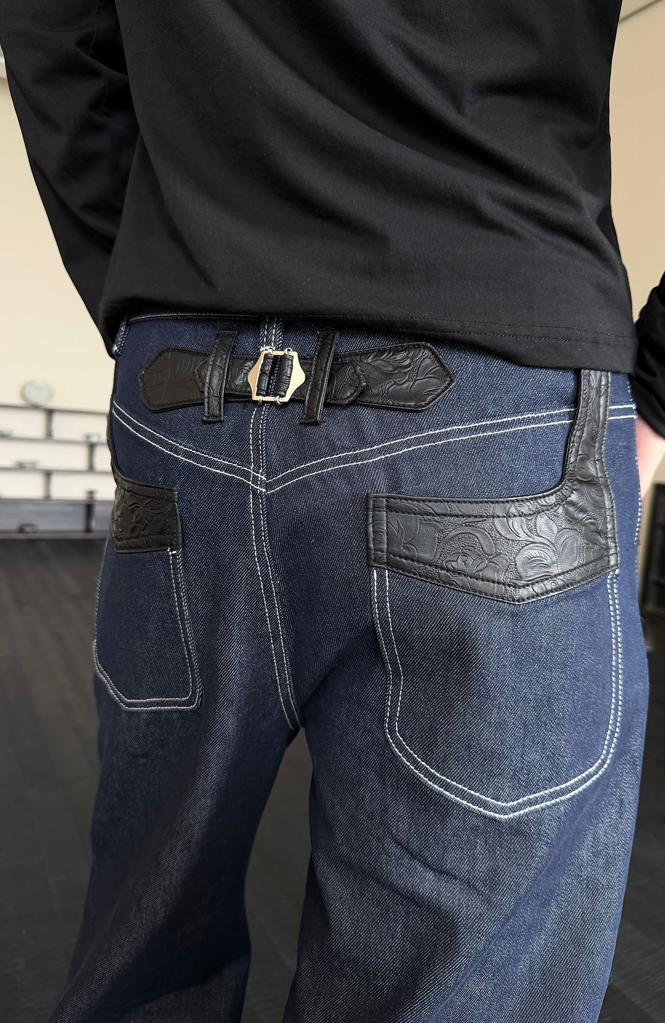 KREATE Raw PU-Paneled Flare Denim, premium urban and streetwear designers apparel on PROJECTISR.com, KREATE