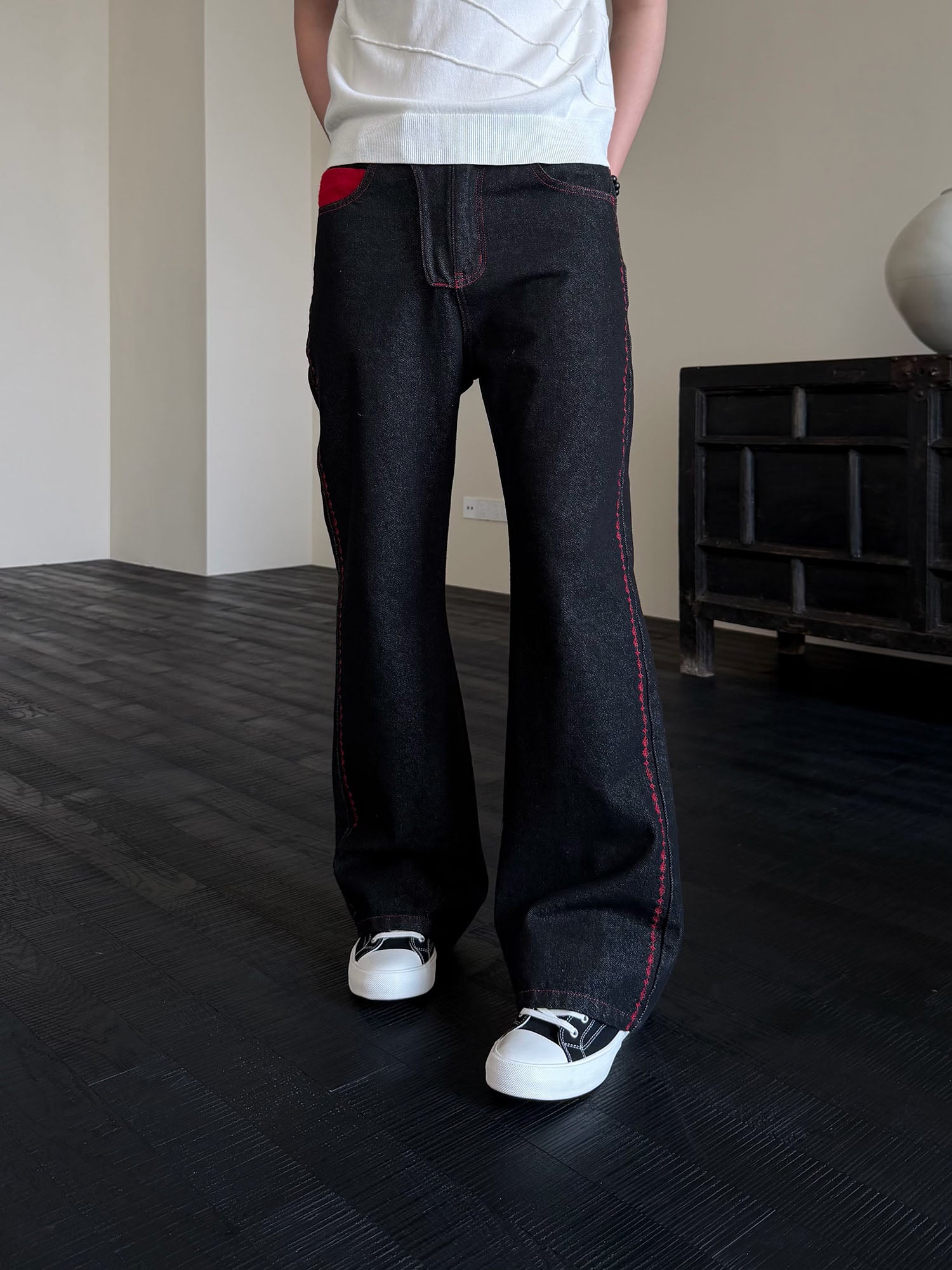 KREATE Contrast Stitched Flared Raw Denim Pants, premium urban and streetwear designers apparel on PROJECTISR.com, KREATE