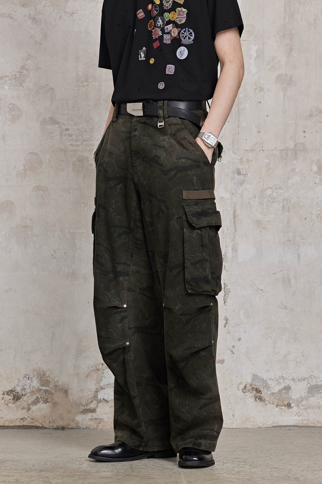 FACEONLAB Distressed Cracked Crinkled Multi-Pocket Military Cargo