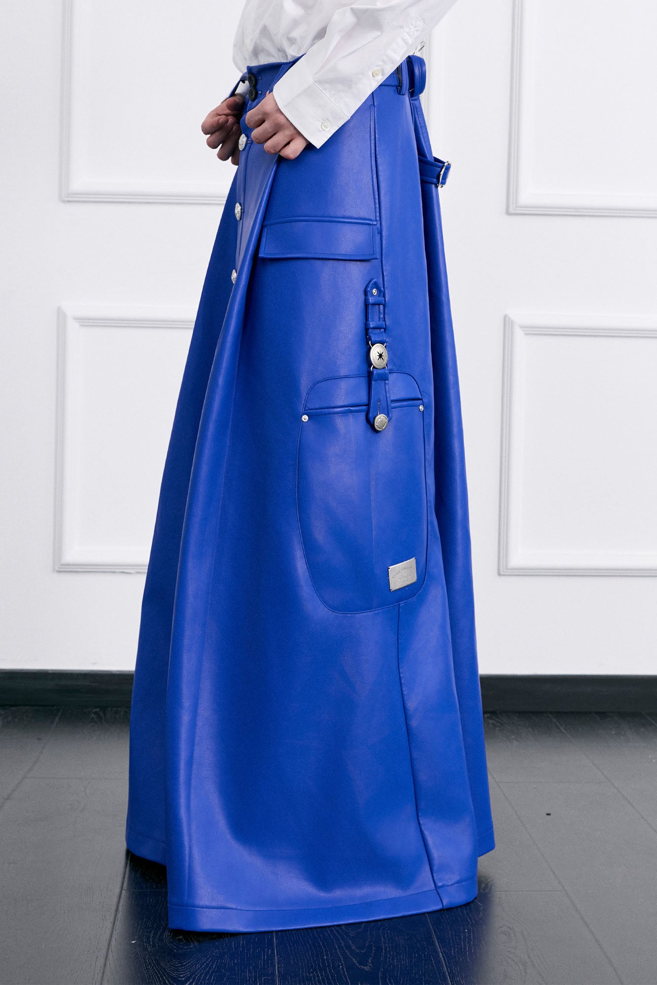 FACEONLAB Utility Faux Leather Buttoned Maxi Skirt, premium urban and streetwear designers apparel on PROJECTISR.com, FACEONLAB
