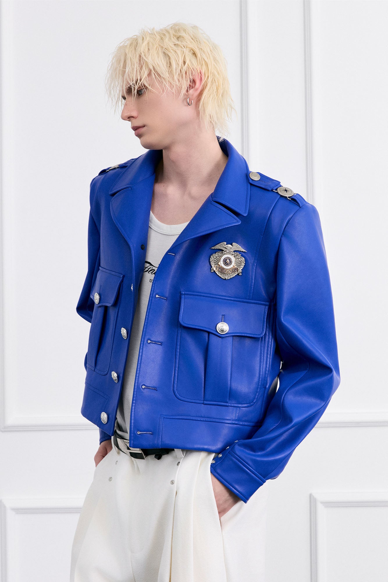 FACEONLAB Badge Faux Leather Officer Jacket, premium urban and streetwear designers apparel on PROJECTISR.com, FACEONLAB