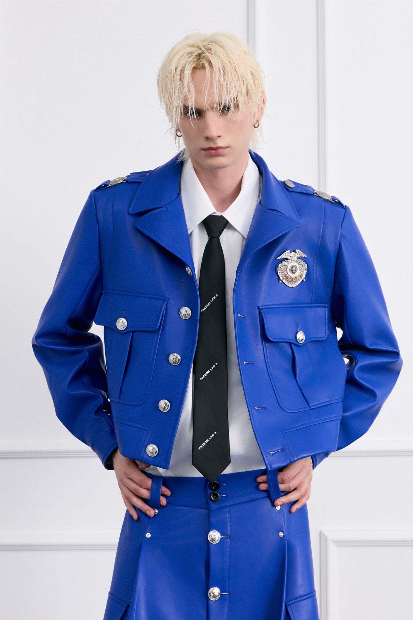 FACEONLAB Badge Faux Leather Officer Jacket, premium urban and streetwear designers apparel on PROJECTISR.com, FACEONLAB