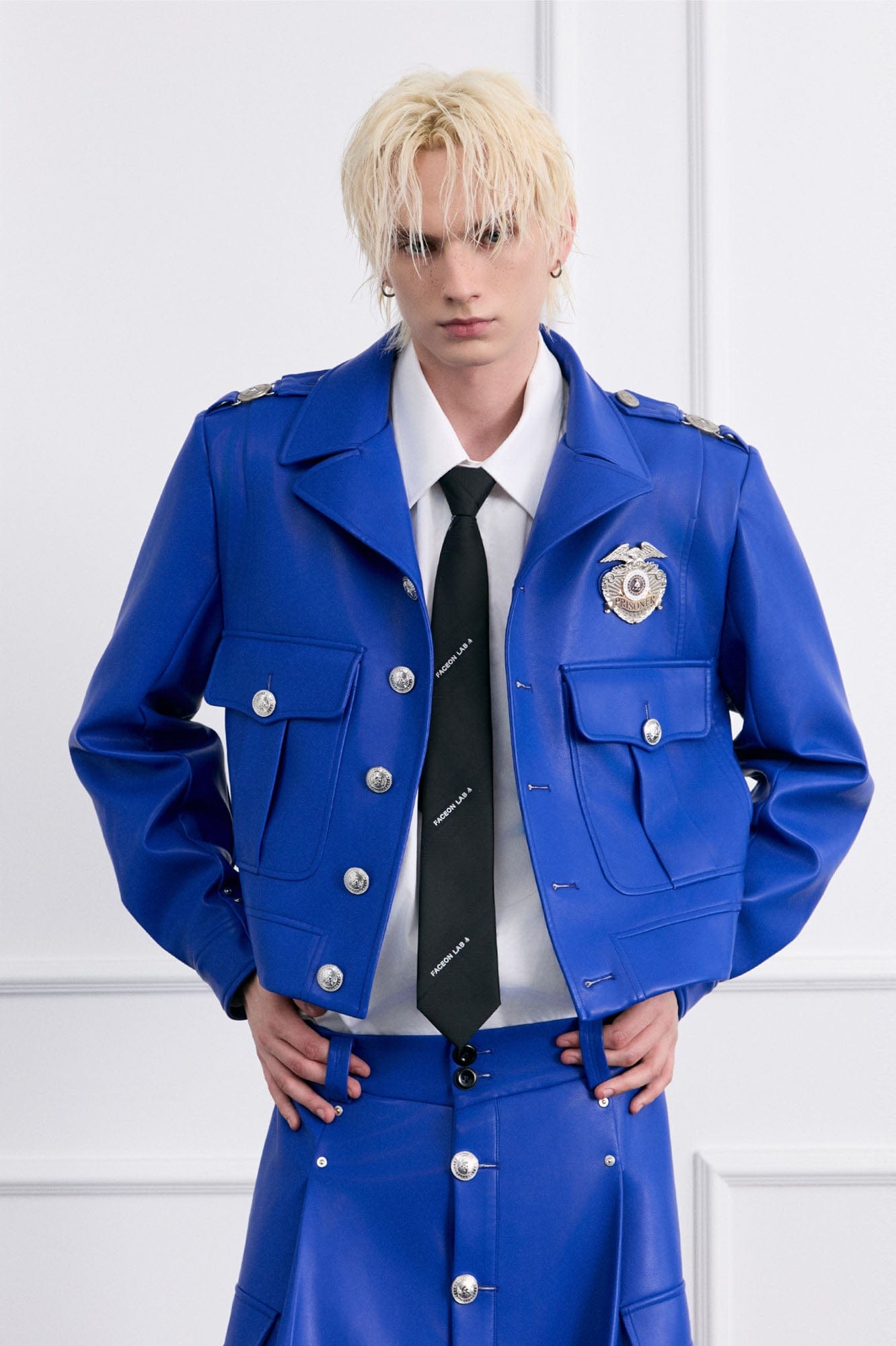 FACEONLAB Badge Faux Leather Officer Jacket, premium urban and streetwear designers apparel on PROJECTISR.com, FACEONLAB