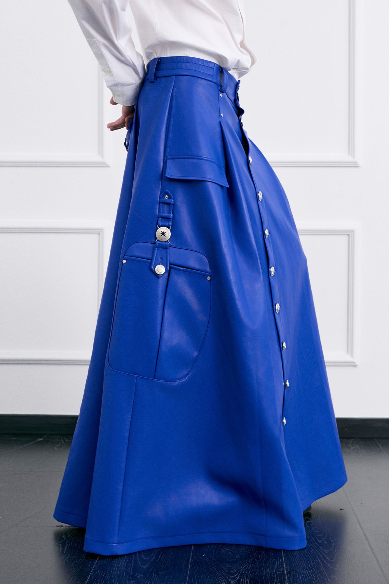 FACEONLAB Utility Faux Leather Buttoned Maxi Skirt, premium urban and streetwear designers apparel on PROJECTISR.com, FACEONLAB