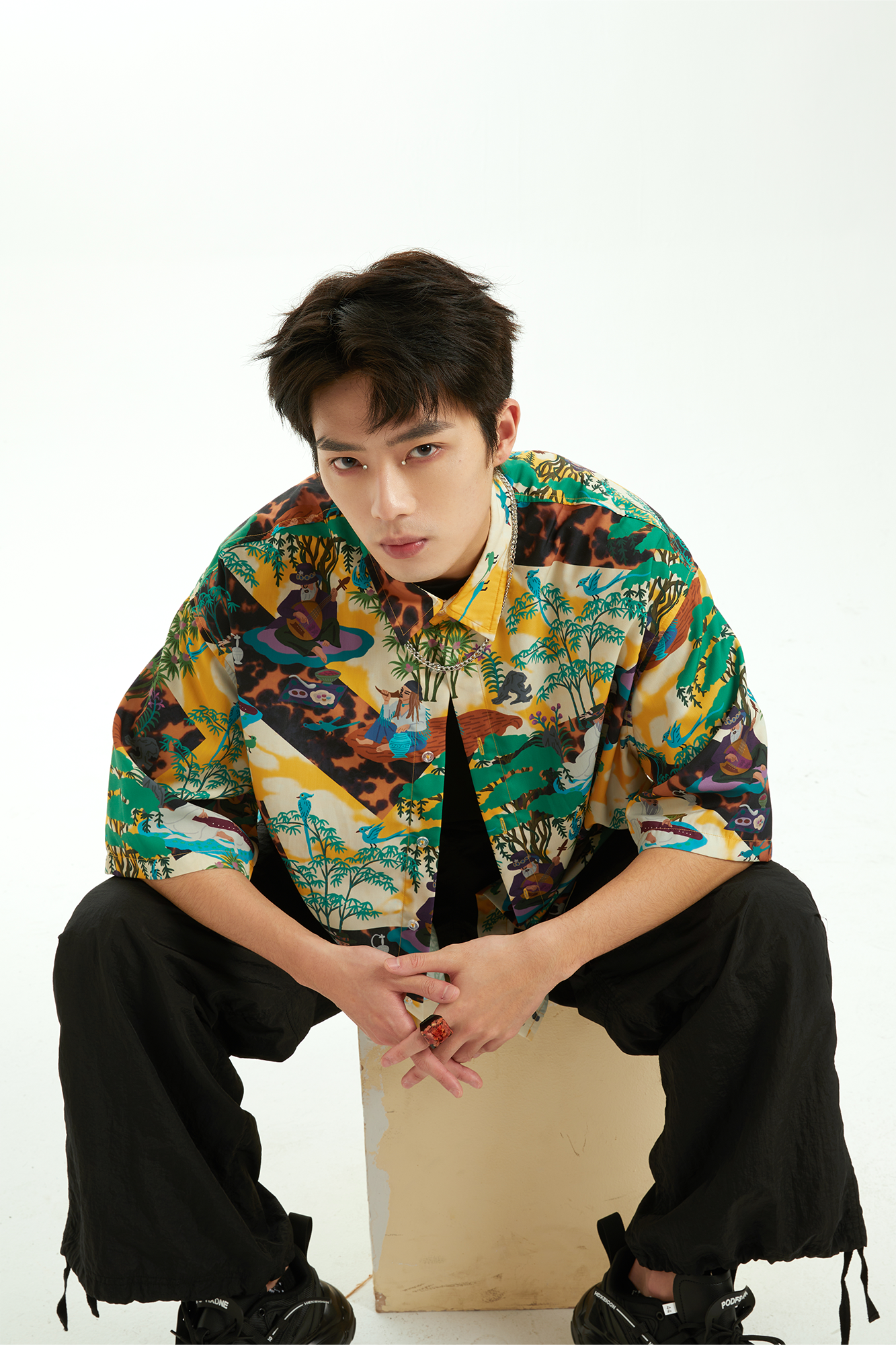 MASH UP ASIA Contrast Full-Print Half Shirt, premium urban and streetwear designers apparel on PROJECTISR.com, MASH UP ASIA