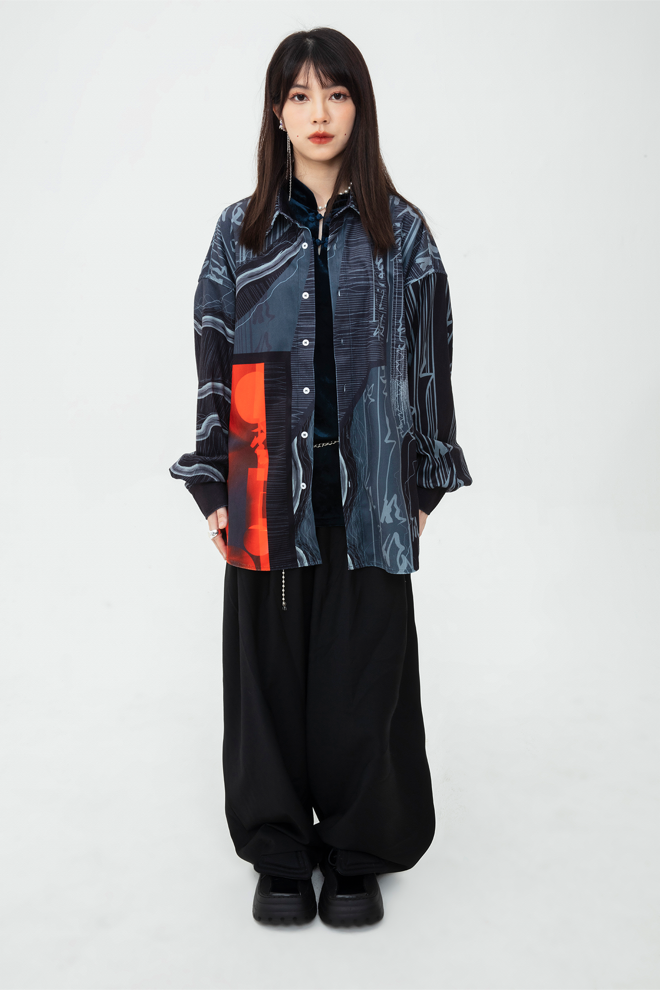 MASH UP ASIA Tang Calligraphy Graphic Oversized Shirt, premium urban and streetwear designers apparel on PROJECTISR.com, MASH UP ASIA