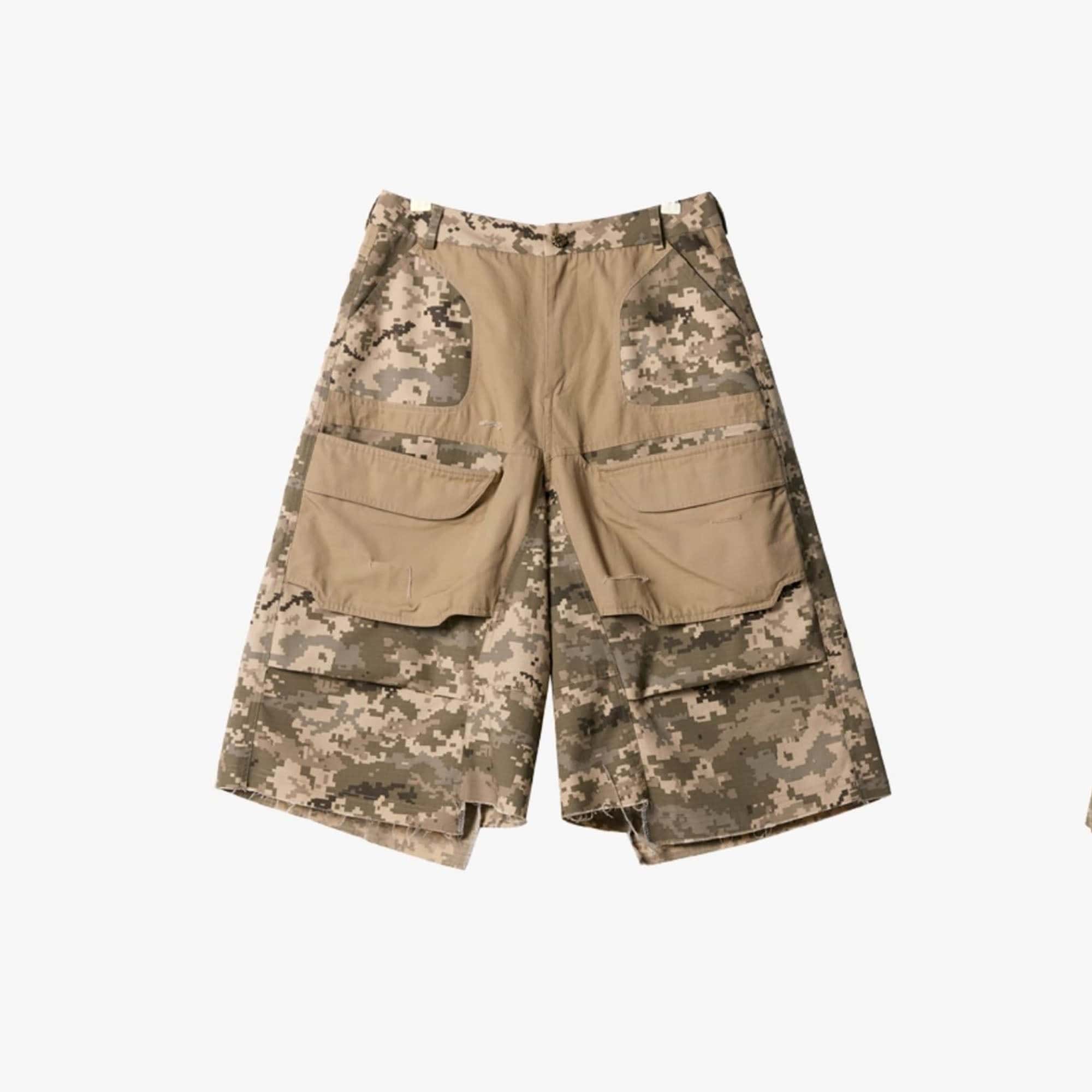 ERROR CODE ROBOT Washed Paneled Frayed-Hem Camo Cargo Shorts, premium urban and streetwear designers apparel on PROJECTISR.com, ERROR CODE ROBOT