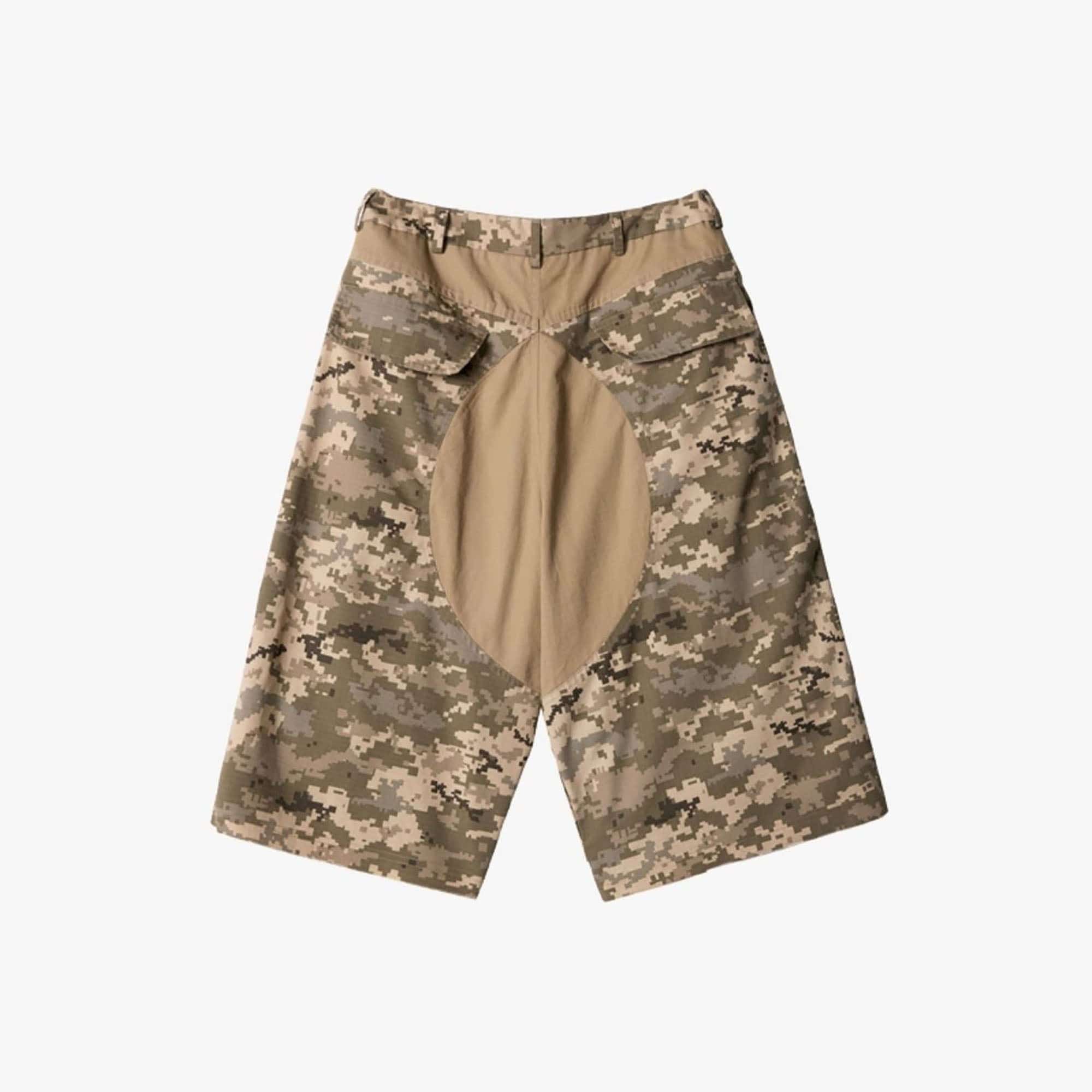 ERROR CODE ROBOT Washed Paneled Frayed-Hem Camo Cargo Shorts, premium urban and streetwear designers apparel on PROJECTISR.com, ERROR CODE ROBOT