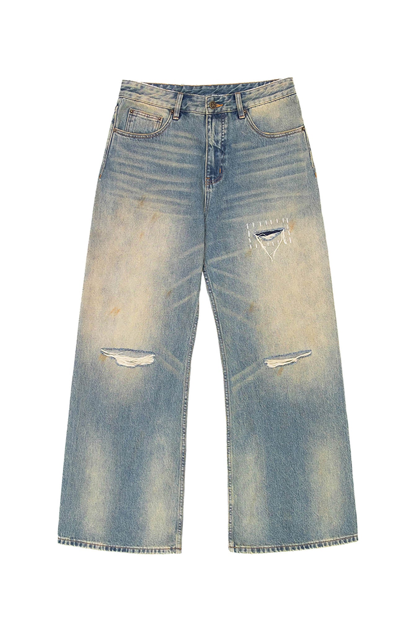 IN EXISTENCE Distressed Cut-Out Oversized Jeans, premium urban and streetwear designers apparel on PROJECTISR.com, IN EXISTENCE