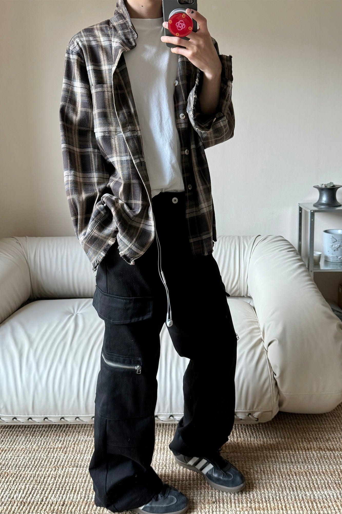 OKAYTHXBYE Muted Marble Multi-Pocket Panel Flared Cargo Pants, premium urban and streetwear designers apparel on PROJECTISR.com, OKAYTHXBYE