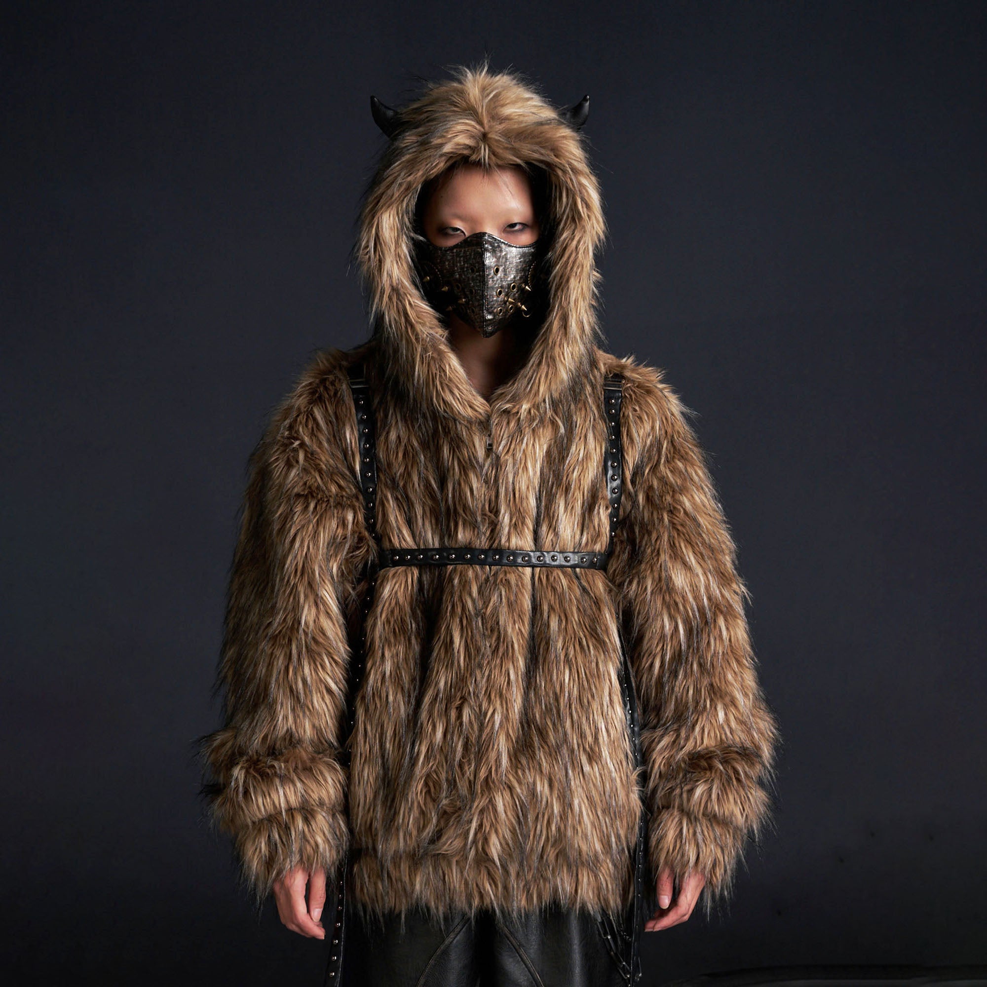 RECOVER ZONE Devil Horns Hood Detachable Strap Faux Fur Jacket, premium urban and streetwear designers apparel on PROJECTISR.com, RECOVER ZONE