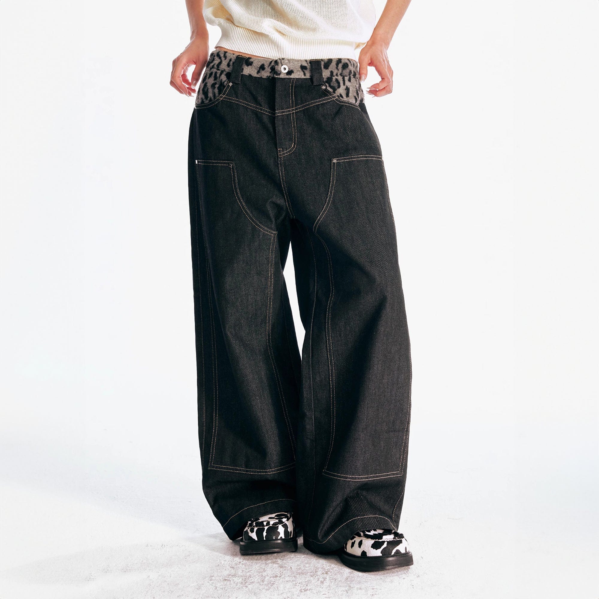 1997 POSTOFFICE Leopard Waist Double-Knee Wide-Leg Pants, premium urban and streetwear designers apparel on PROJECTISR.com, 1997 POSTOFFICE