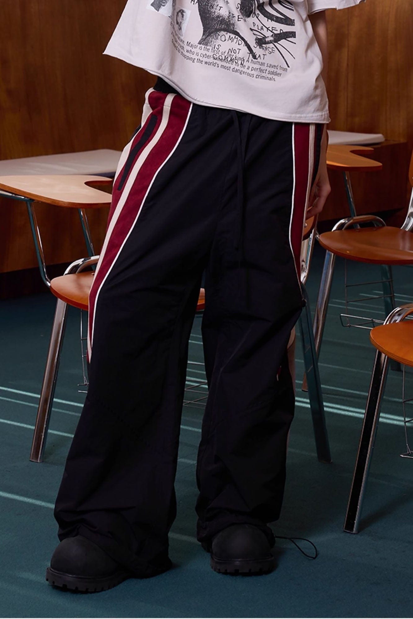 ERROR CODE ROBOT Diagonal Stripe Suede Track Pants, premium urban and streetwear designers apparel on PROJECTISR.com, ERROR CODE ROBOT