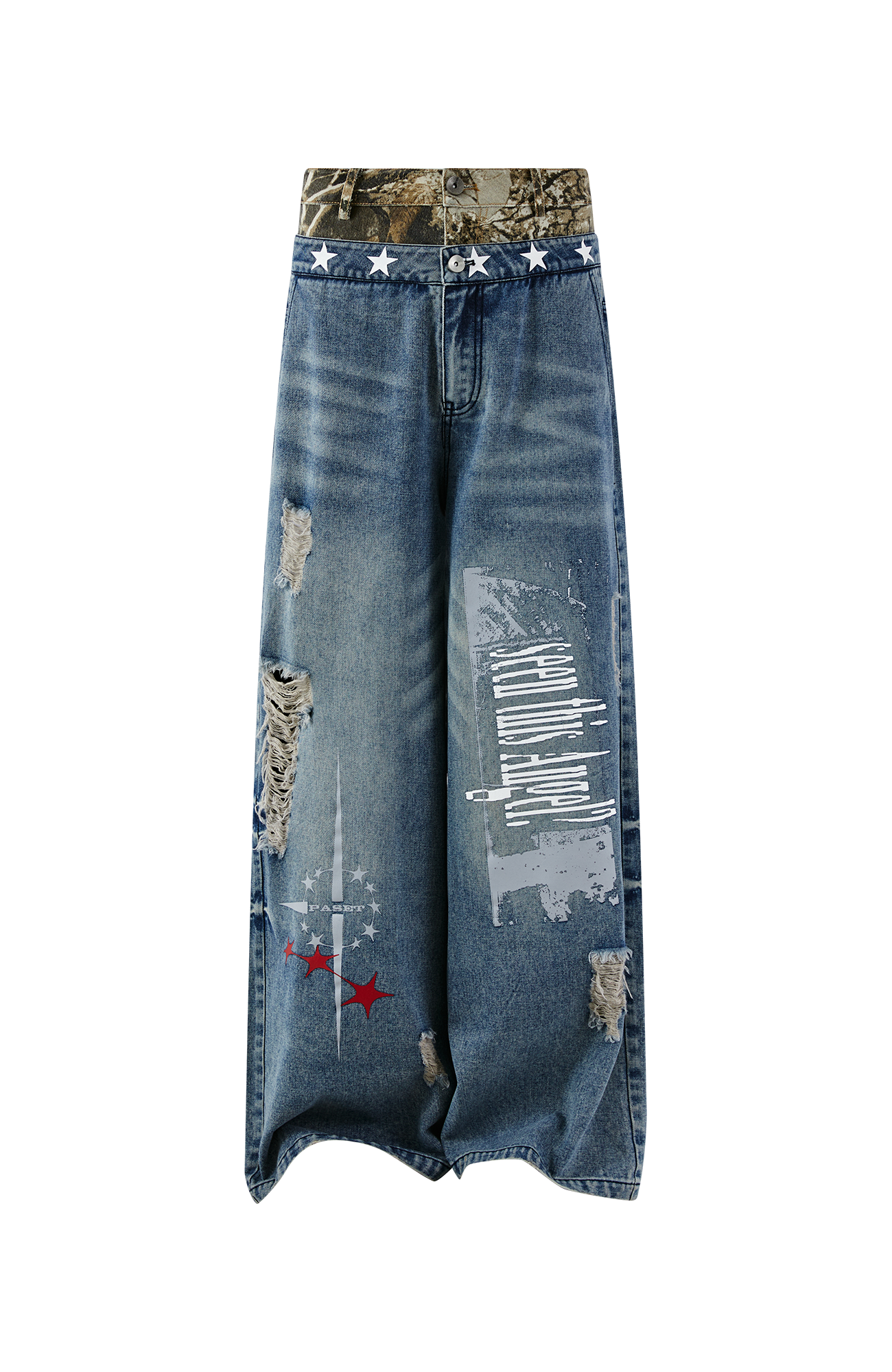 PASET Double Waist Camo Panel Distressed Jeans
