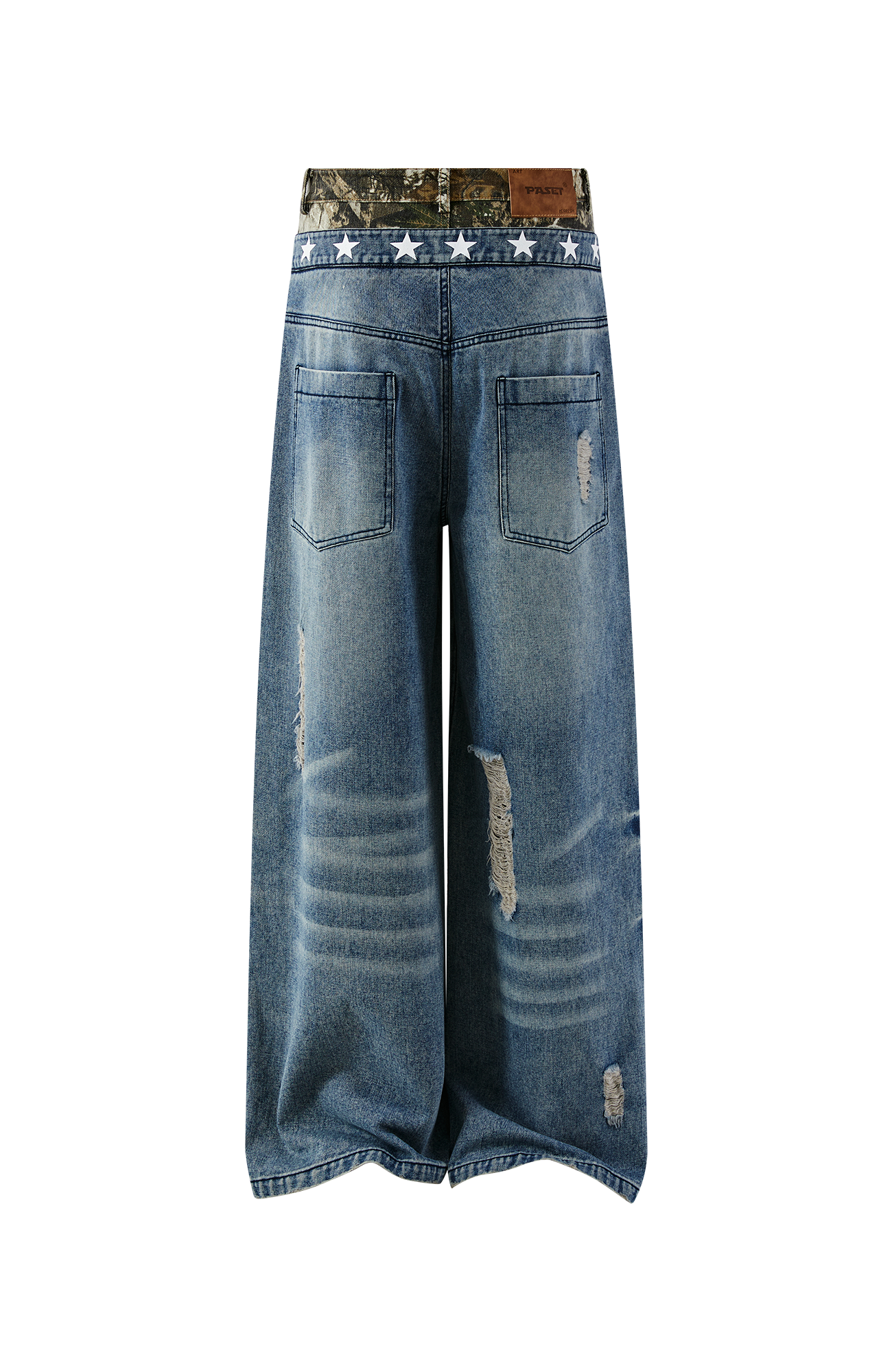 PASET Double Waist Camo Panel Distressed Jeans