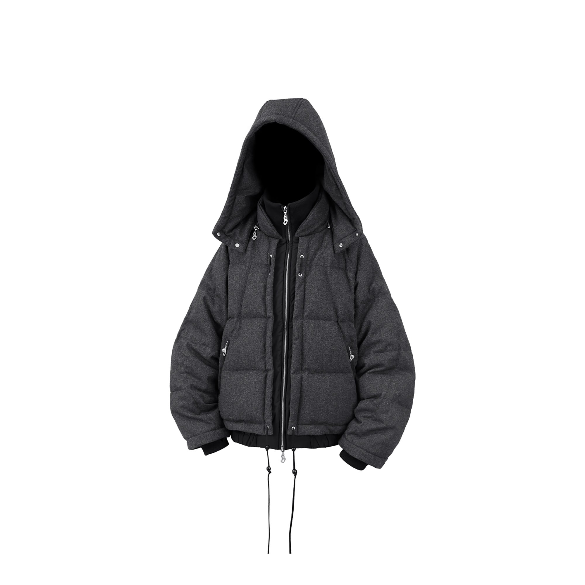 RELABEL Layered Detachable Hood Wool-Blend Puffer Jacket Gray