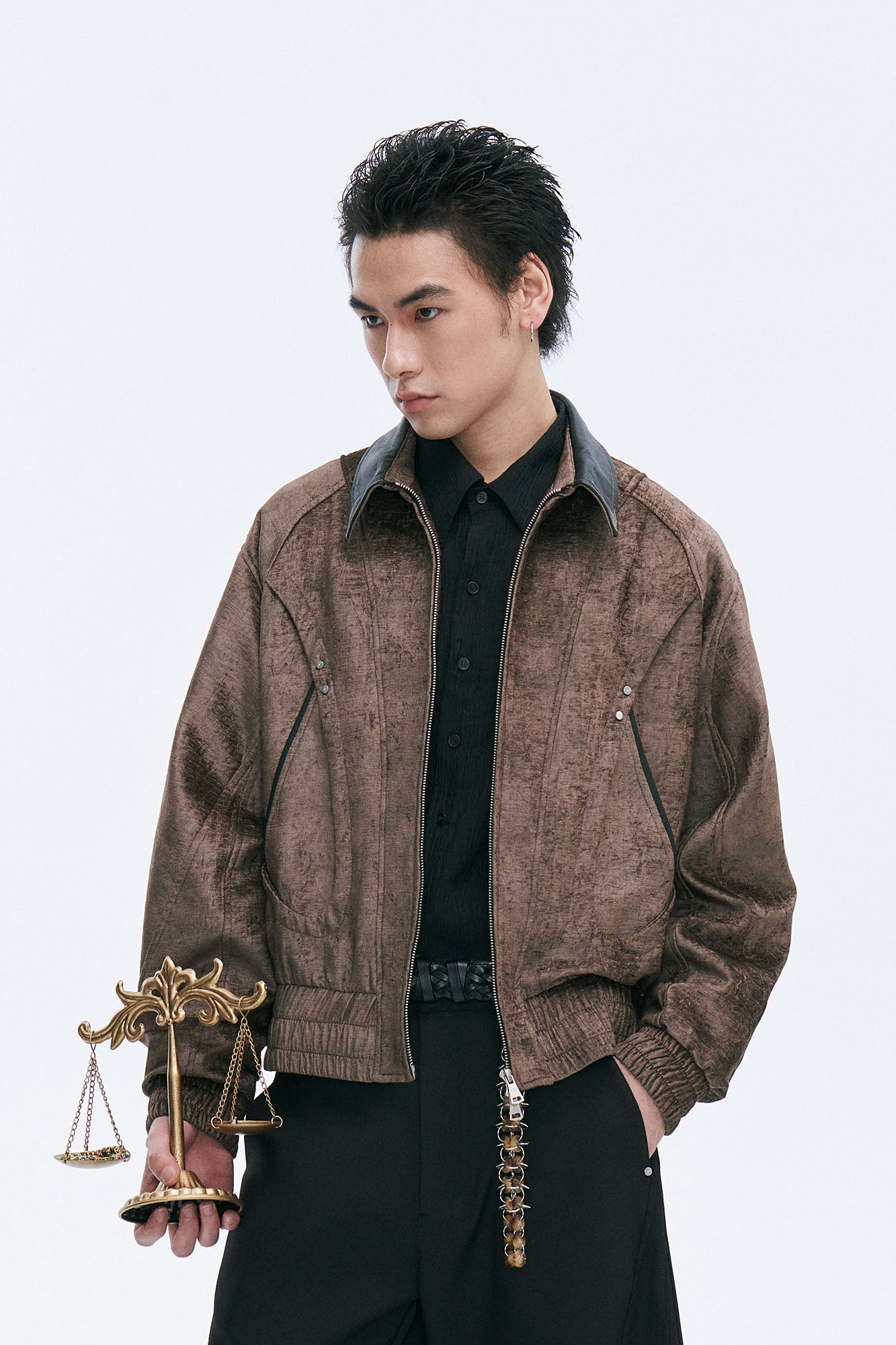 CATSSTAC Velvet Leather-Collar Elastic Jacket, premium urban and streetwear designers apparel on PROJECTISR.com, CATSSTAC