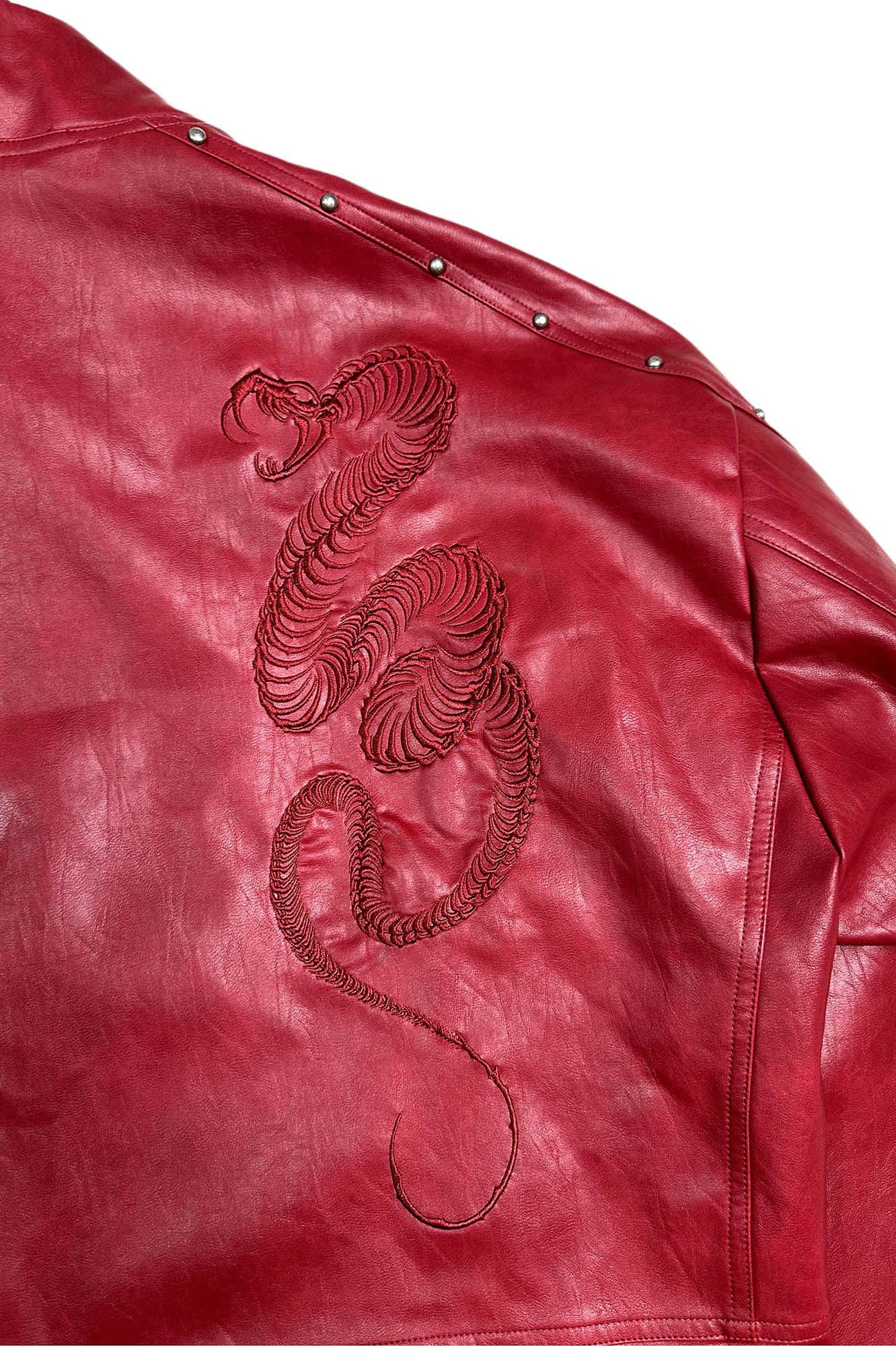SAVAGEGROWTHWORLD Snake Bone Embroidered Rivet Cropped PU Jacket, premium urban and streetwear designers apparel on PROJECTISR.com, SAVAGEGROWTHWORLD