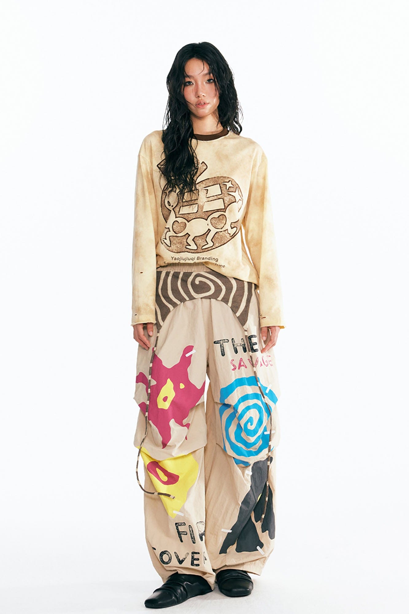 1997 POSTOFFICE Tribal Spiral Waist-Panel Parachute Pants, premium urban and streetwear designers apparel on PROJECTISR.com, 1997 POSTOFFICE