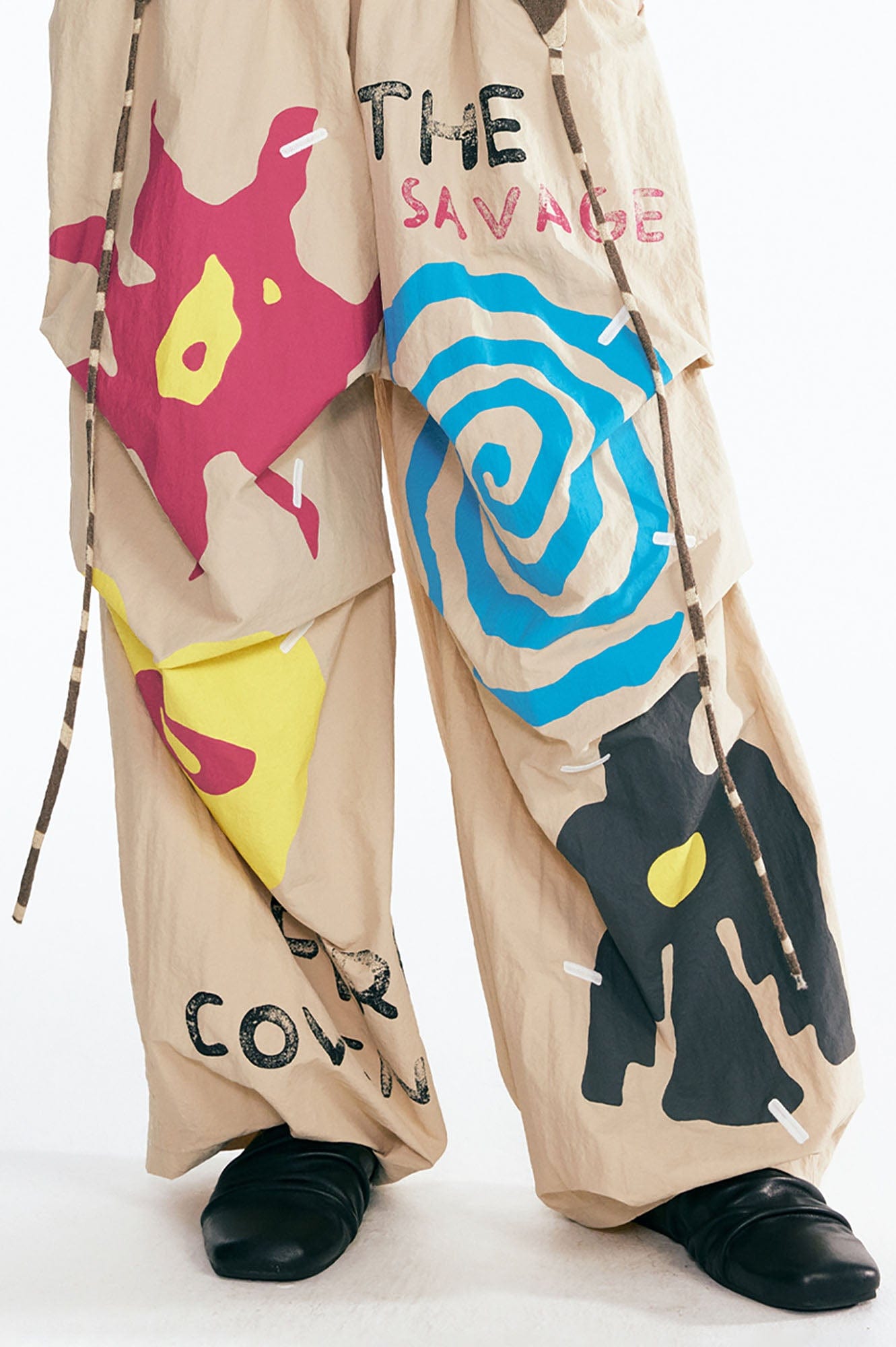 1997 POSTOFFICE Tribal Spiral Waist-Panel Parachute Pants, premium urban and streetwear designers apparel on PROJECTISR.com, 1997 POSTOFFICE