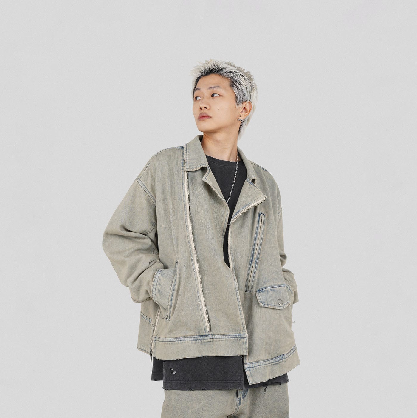 UNDERWATER Acid Wash Zipper Biker Jacket, premium urban and streetwear designers apparel on PROJECTISR.com, UNDERWATER