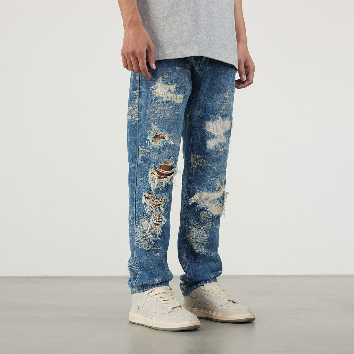 BONELESS Washed Heavily Ripped Jeans