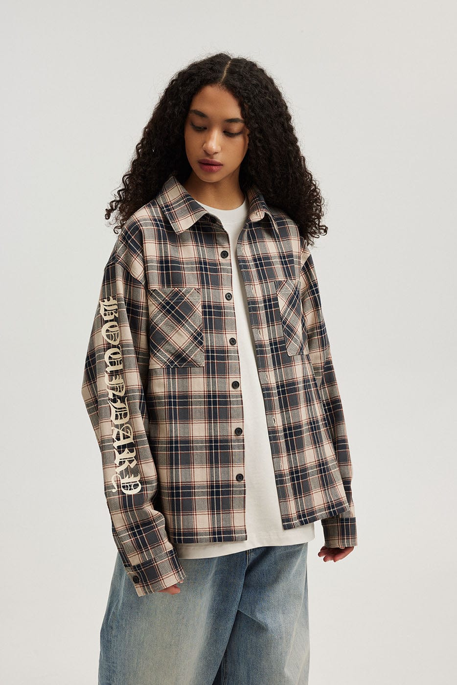 BONELESS Gothic Slogan Plaid Shirt, premium urban and streetwear designers apparel on PROJECTISR.com, BONELESS