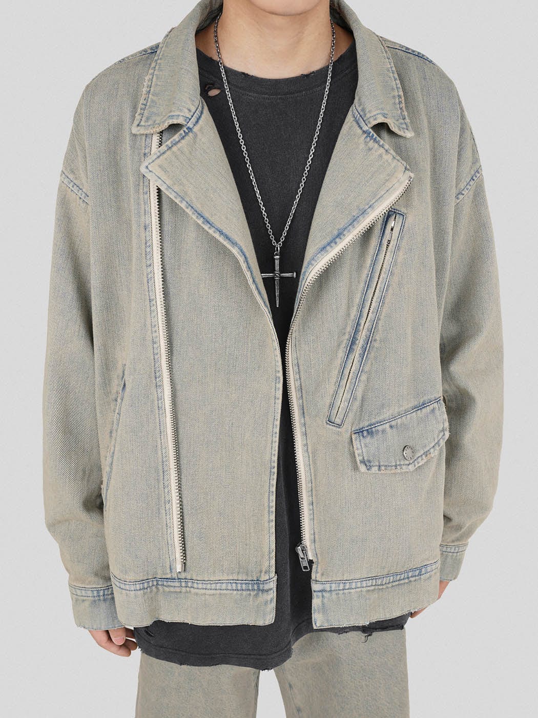 UNDERWATER Acid Wash Zipper Biker Jacket, premium urban and streetwear designers apparel on PROJECTISR.com, UNDERWATER