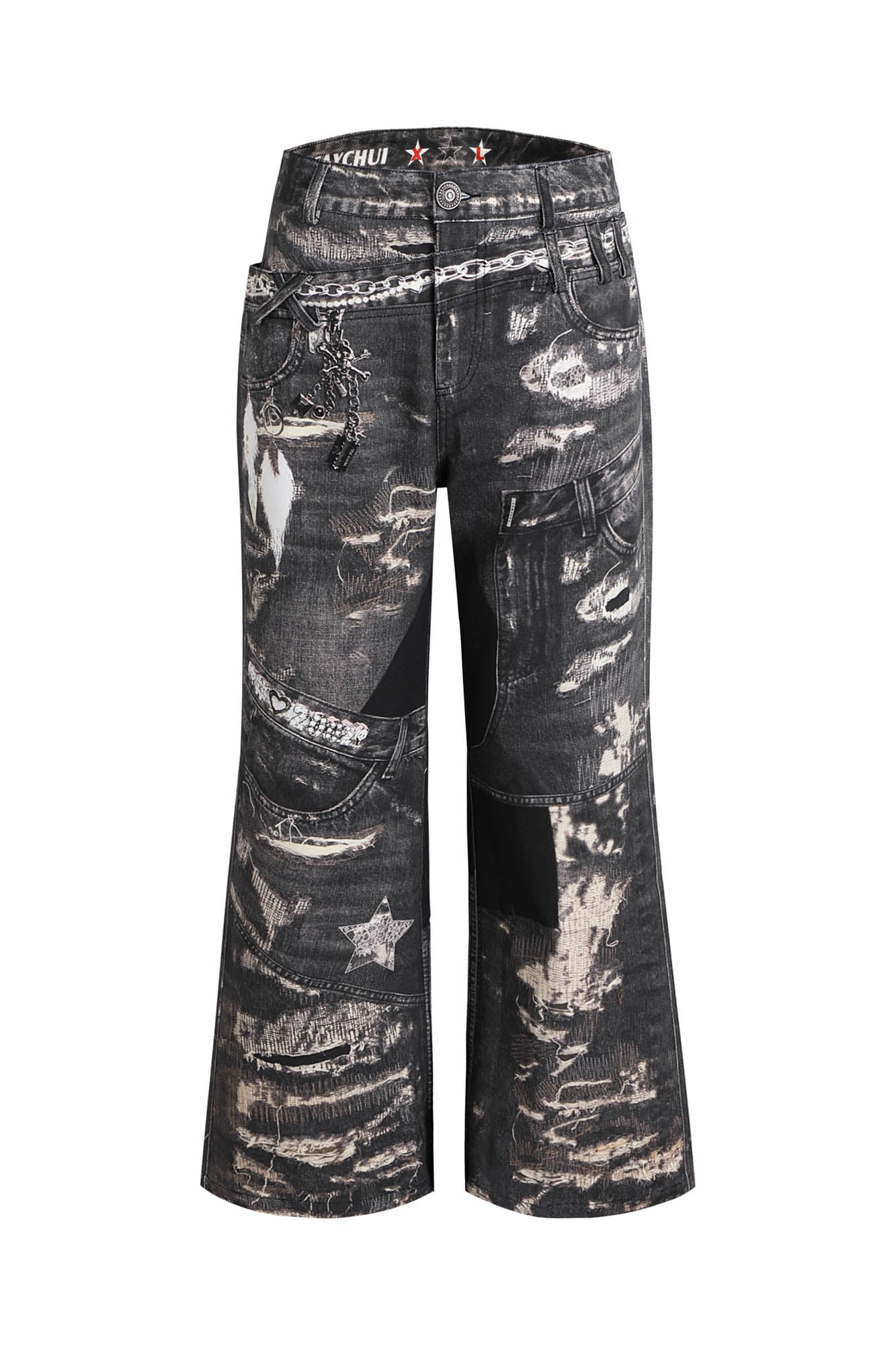 DND4DES Deconstructed Graphic Double-Waist Distressed Jeans