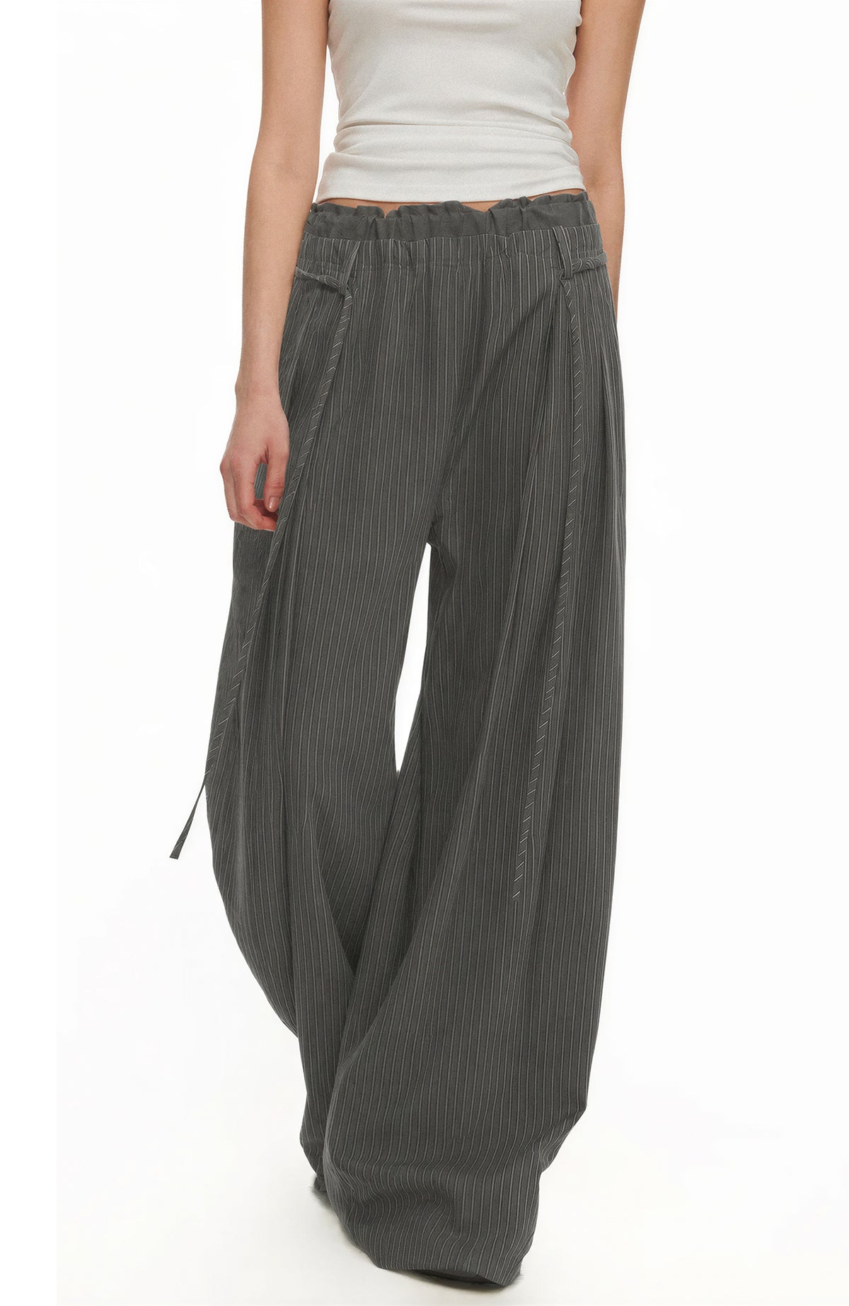 TGNS Ruched Double-Waist Striped Pleated Wide-Leg Trousers