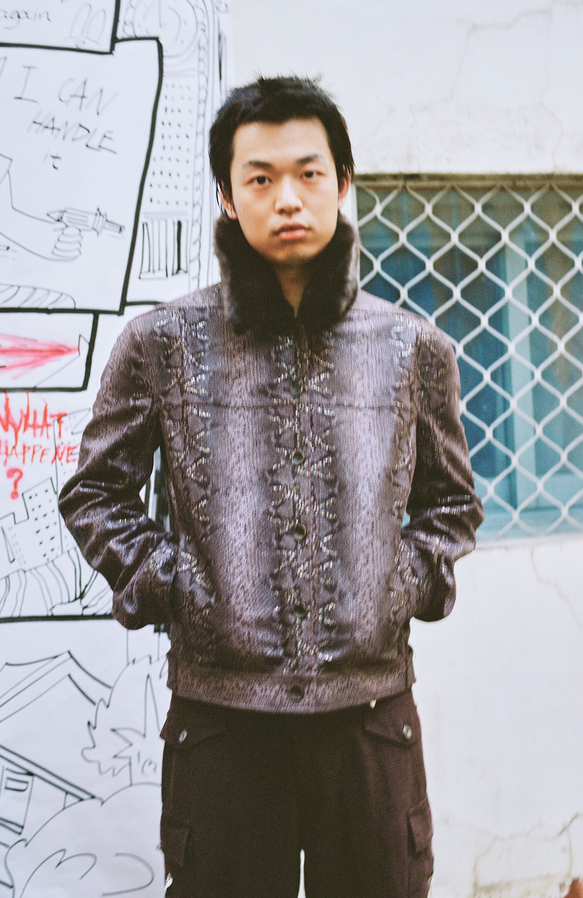 YANLI Fur-Collar Spliced Faux Leather Jacket