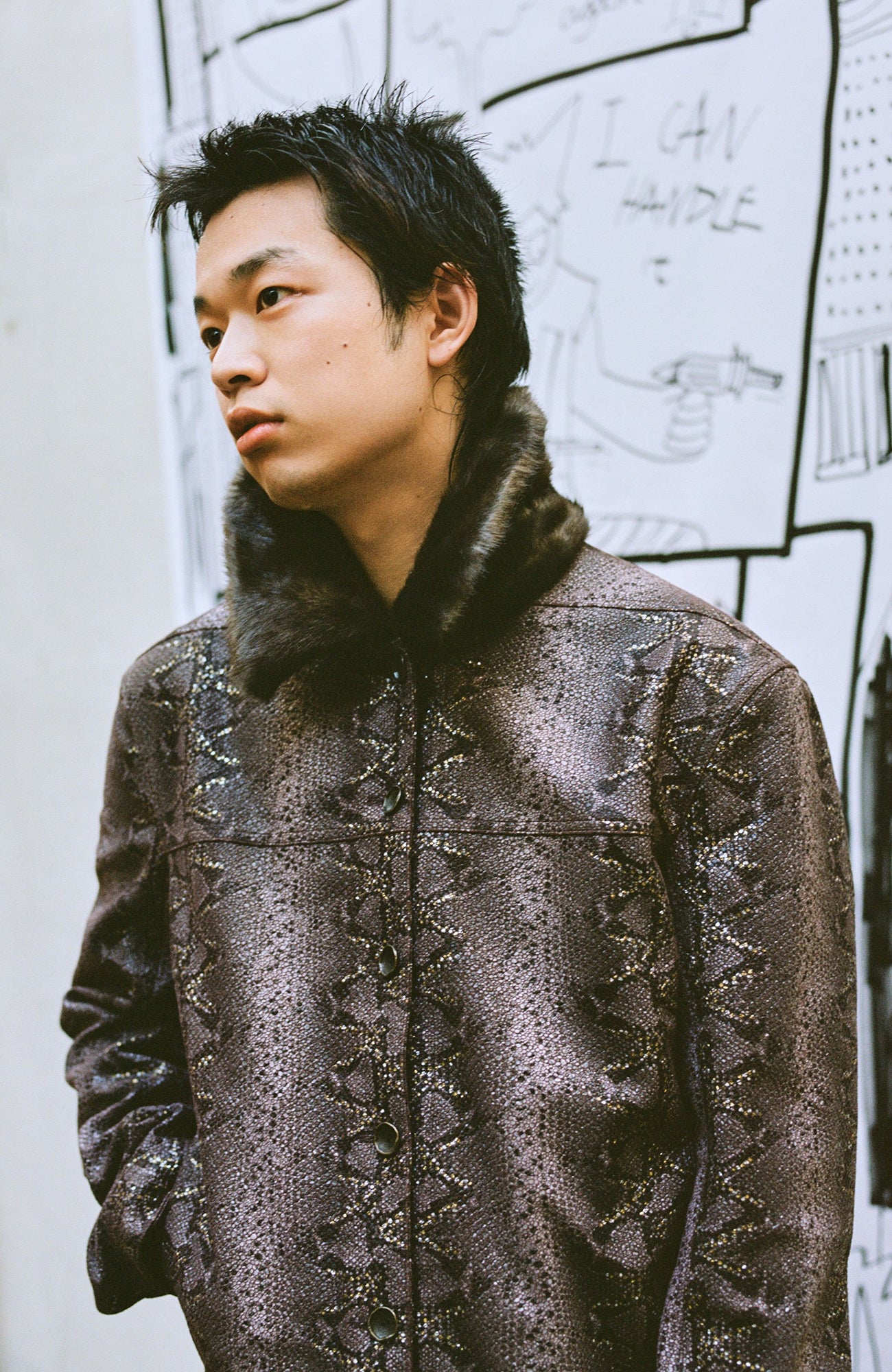 YANLI Fur-Collar Spliced Faux Leather Jacket