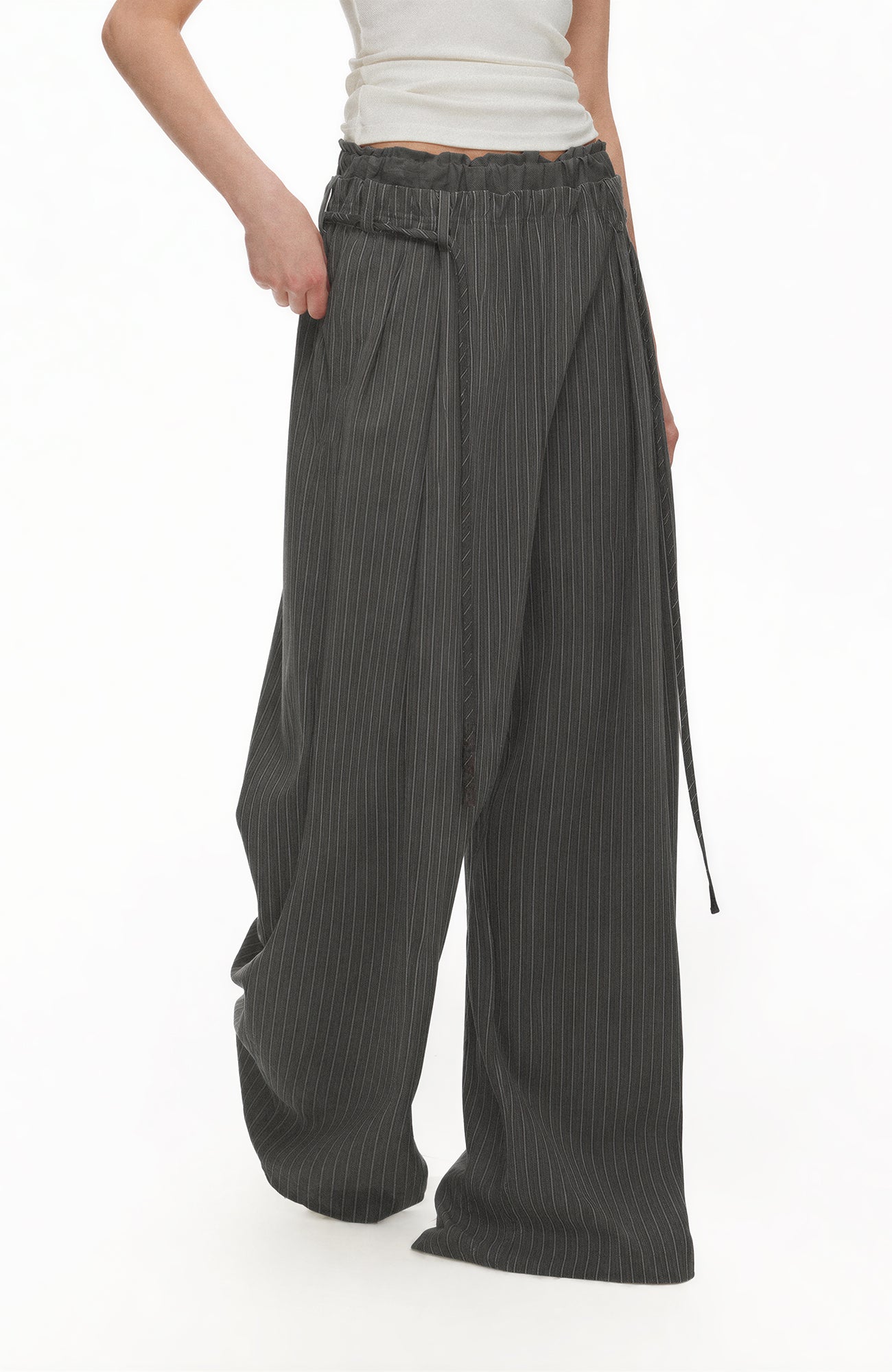 TGNS Ruched Double-Waist Striped Pleated Wide-Leg Trousers