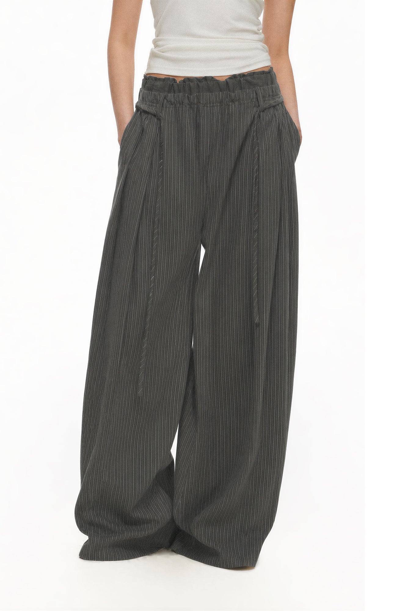 TGNS Ruched Double-Waist Striped Pleated Wide-Leg Trousers
