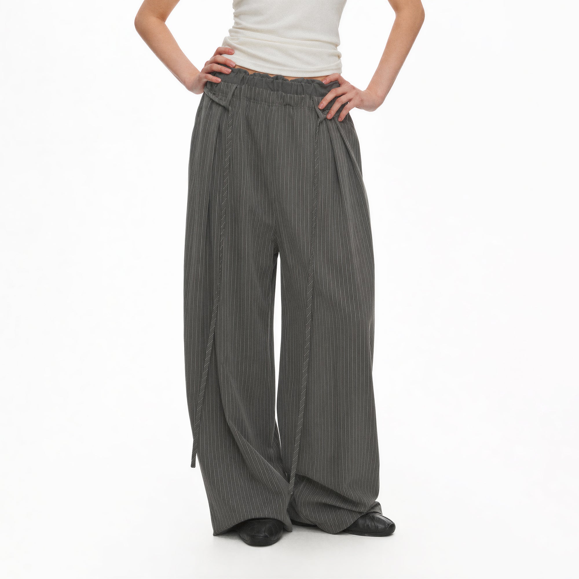 TGNS Ruched Double-Waist Striped Pleated Wide-Leg Trousers